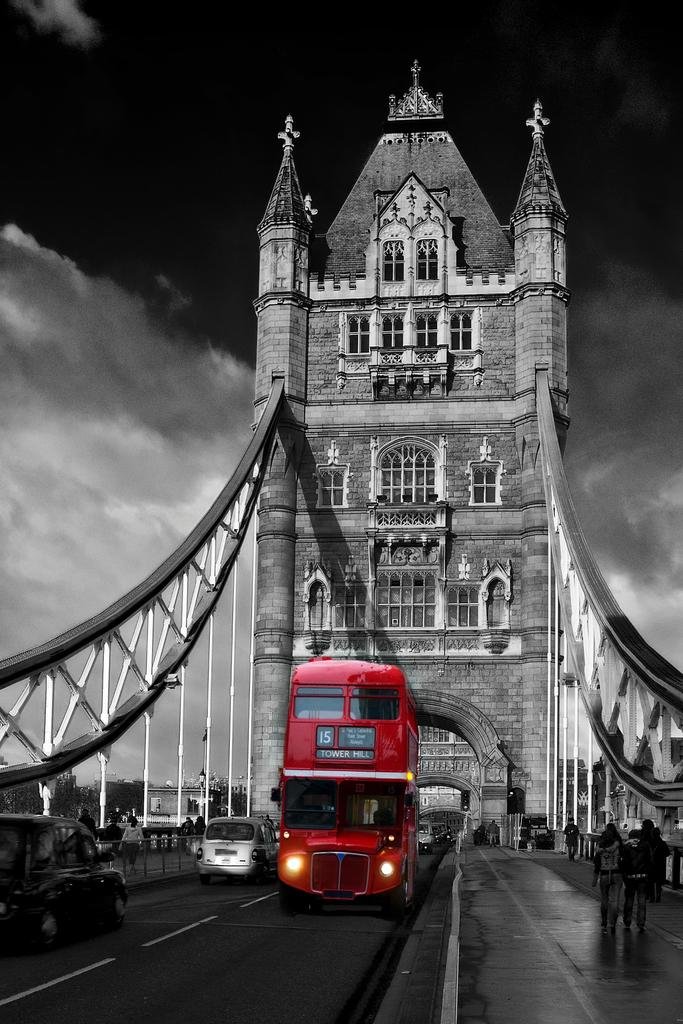 Premium Laminated Red London Bus on Tower Bridge Photo Art Print Poster - 24x36 Inches - Dry Erase Sign for Office, Home Decor & Gift Ideas