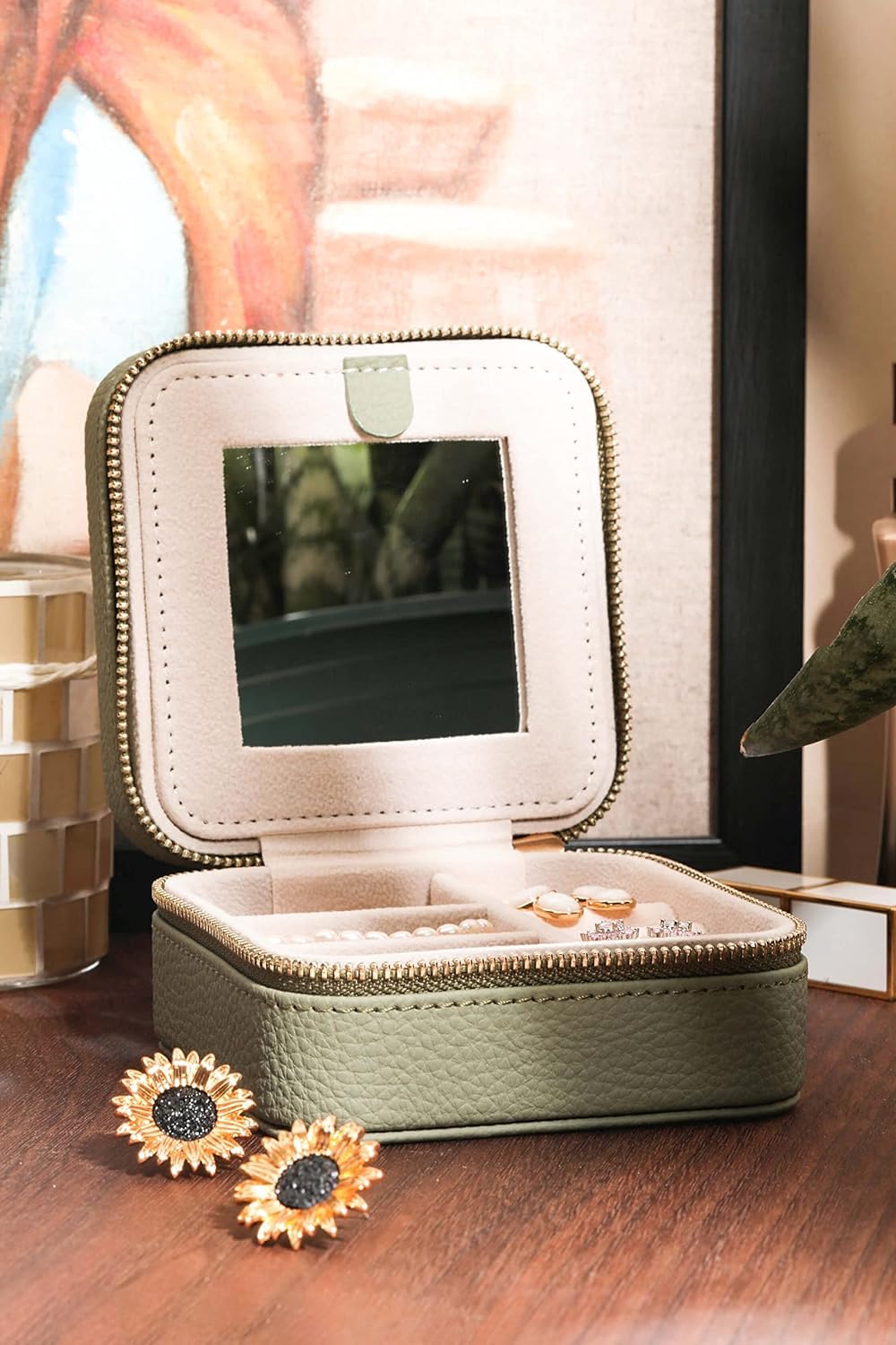 S.Leaf Monogram Travel Jewelry Box for Women - Compact Jewelry Organizer with Initial Letter A, Portable Jewelry Case for Necklaces, Rings & Earrings - Perfect for Travel, Gifts & Daily Storage
