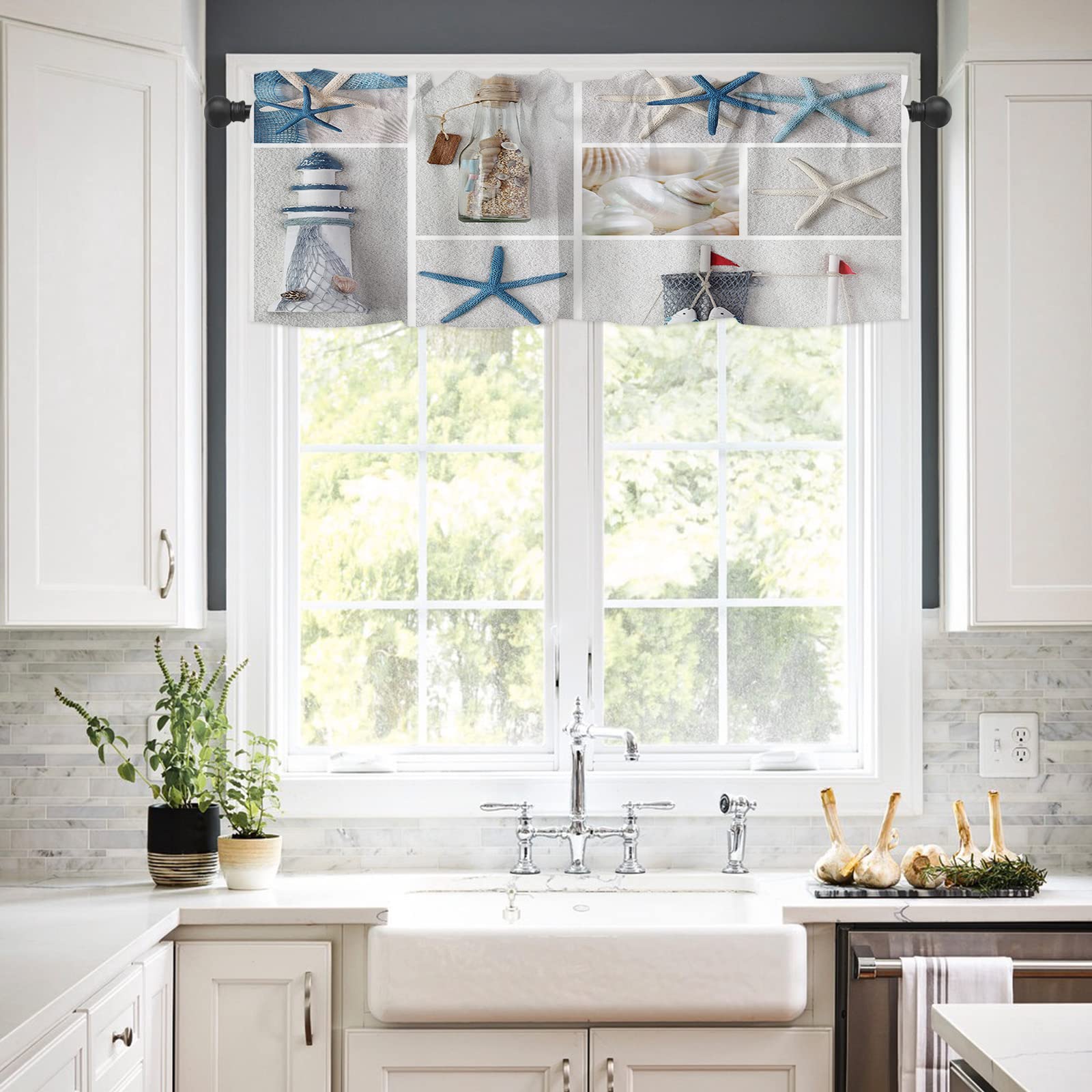 Chucoco 3-Piece Kitchen Curtain Set with Rod Pocket - Nautical Starfish Lighthouse Sailboat Design for Small Windows | Perfect for Beach House Decor & Coastal Themed Kitchens