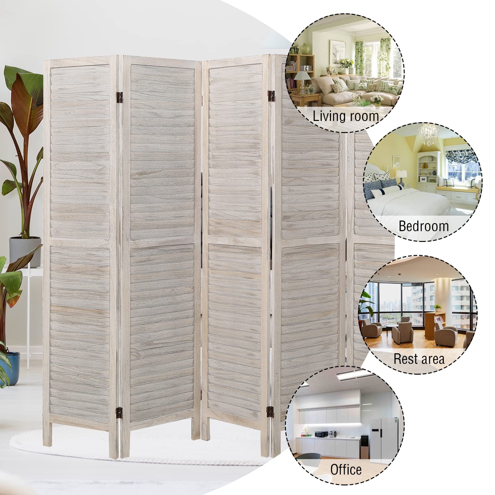 ECOMEX 6 Panel Wood Room Divider - 5.6Ft Tall Folding Privacy Screen with Louvered Design - Freestanding Partition for Home Office, Restaurant & Bedroom (White) | Perfect for Space Division, Room Separation & Decoration
