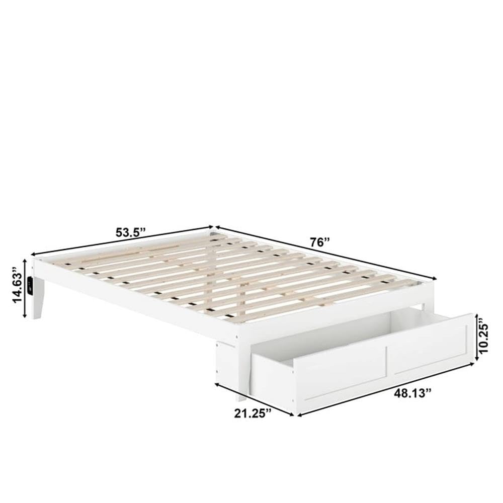 BOWERY HILL Modern White Wood Full Bed Frame with Storage Drawer and USB Charging Ports - Perfect for Small Bedrooms, Guest Rooms & Dormitories