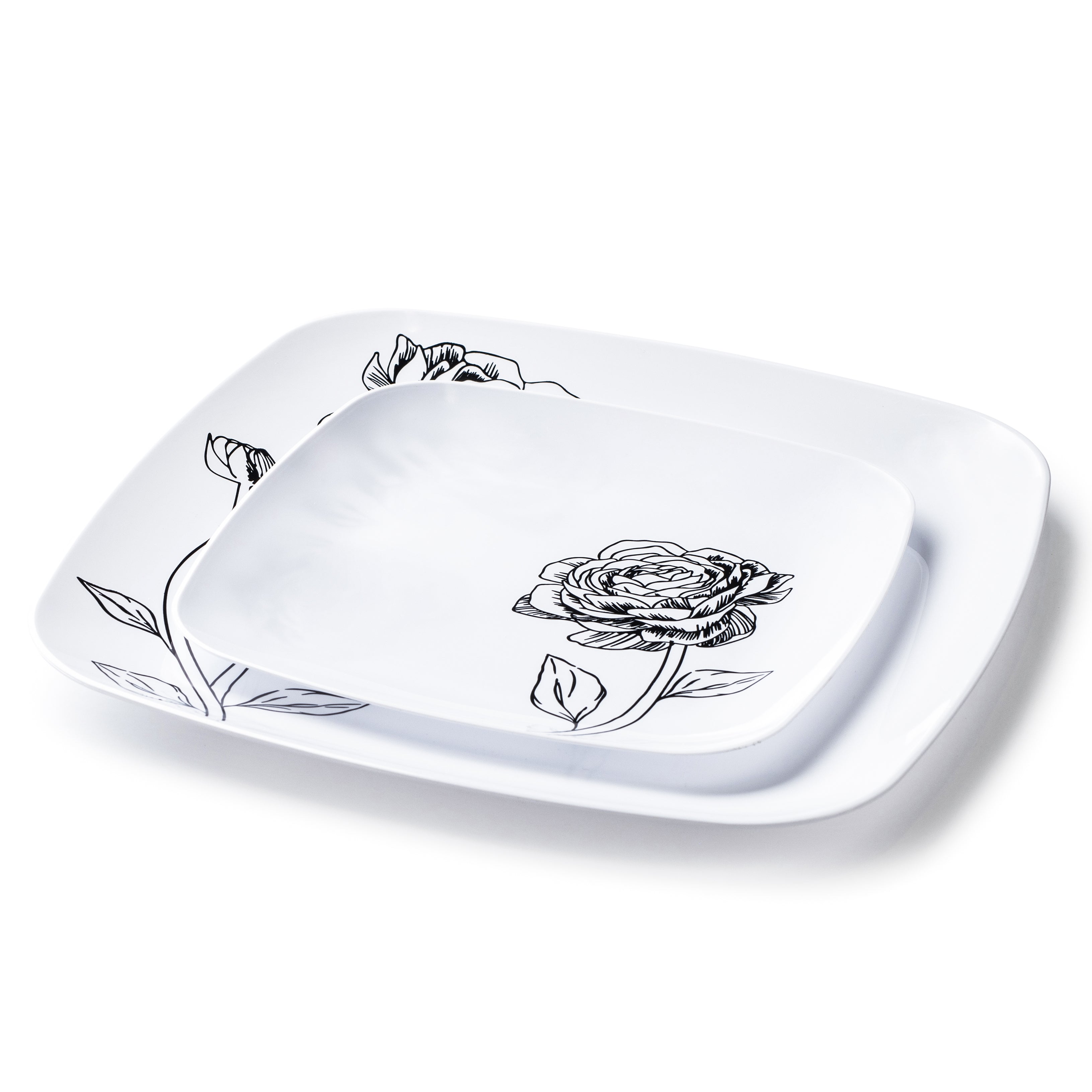 32-Piece White and Black Square Plastic Dinnerware Set - 16 Place Settings - Durable Melamine Dinner Plates, Bowls, Cups & Utensils - Perfect for Outdoor Picnics, BBQs, Parties and Everyday Use