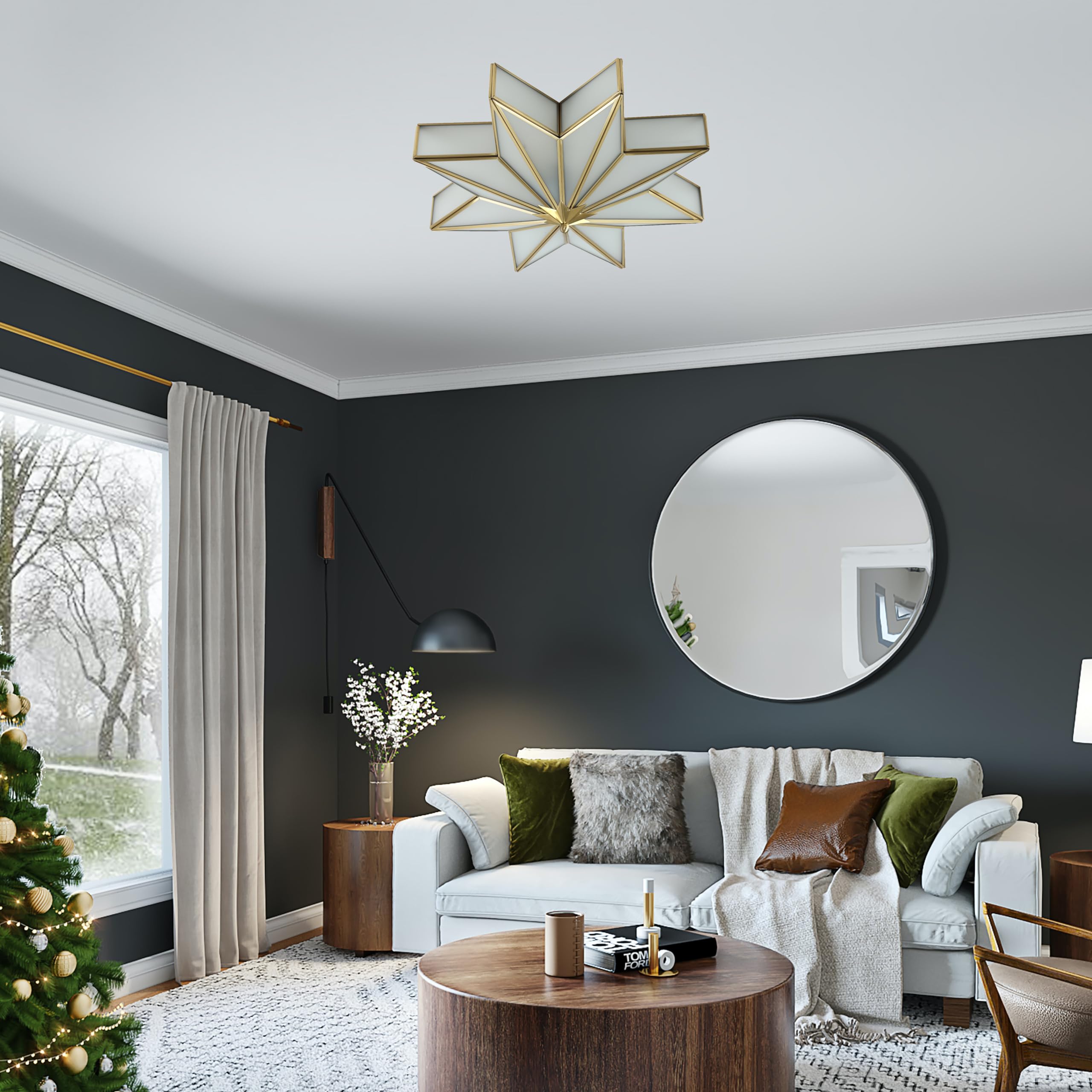Vintage Star-Shaped Flush Mount Ceiling Light - 4-Light Mid Century Modern Brass Chandelier with Glass Shade for Dining Room, Bedroom & Living Room Lighting