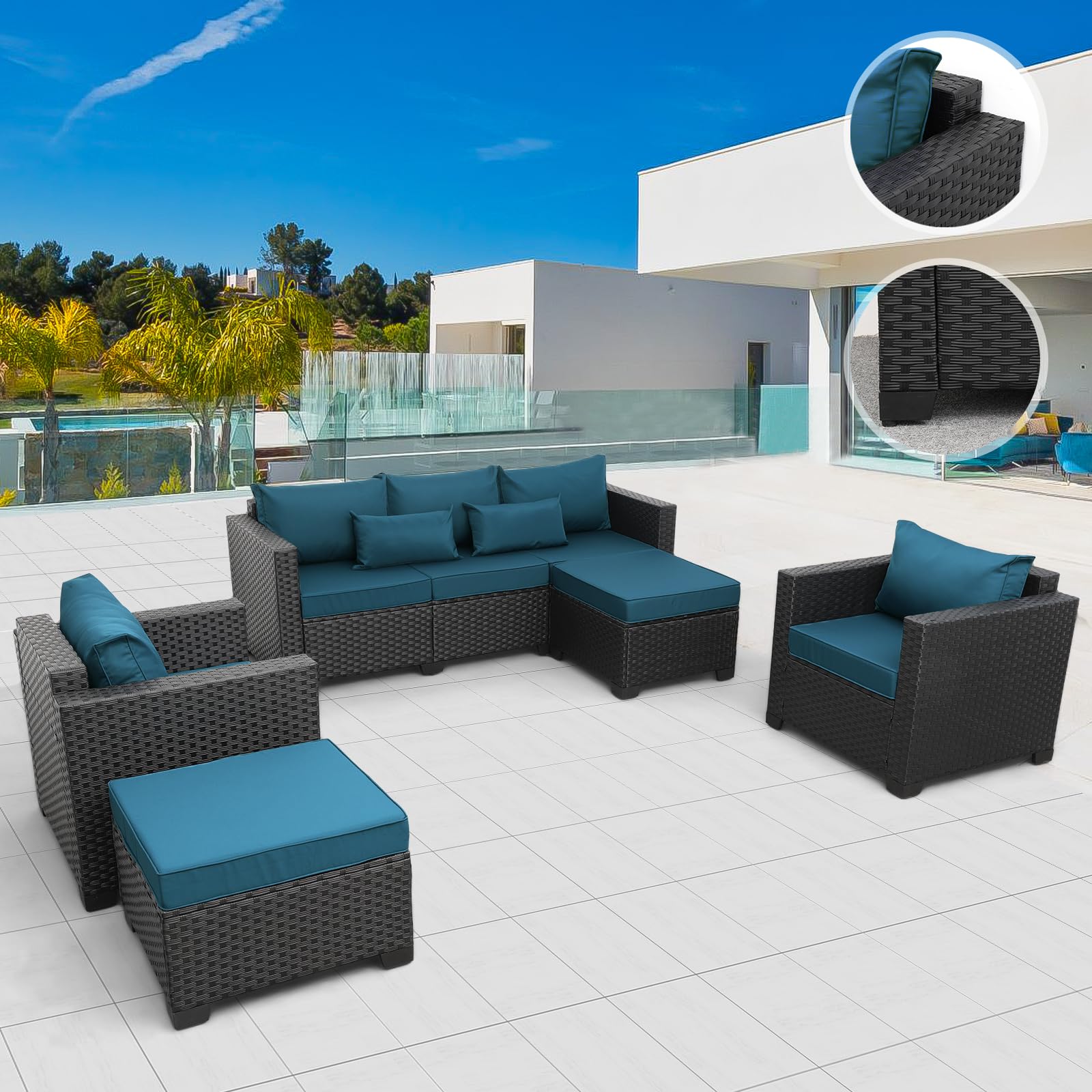 5-Piece Rattan Patio Furniture Set with Anti-Slip Cushions & Waterproof Covers - Outdoor Wicker Sofa, Chairs & Ottoman in Peacock Blue - Perfect for Garden, Poolside & Backyard Relaxation