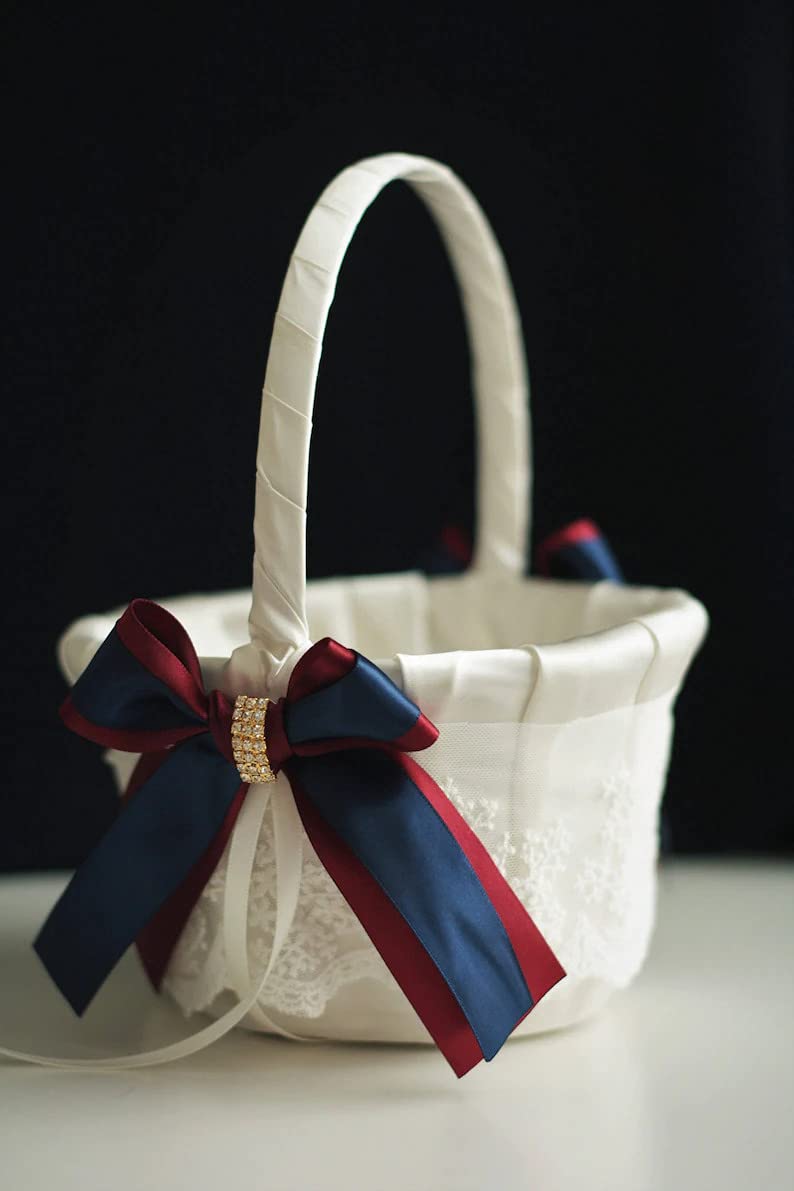 Navy Blue Flower Girl Basket with Burgundy Ring Pillow - Wedding Ring Bearer Pillow and Flower Girl Basket Set (Ivory, 2 Pillows + 1 Basket) - Perfect for Wedding Ceremonies, Bridal Showers, and Flower Girl Processions