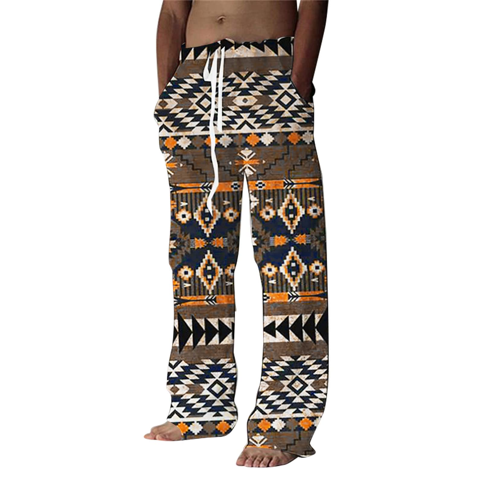 Men's Fashion Casual Printed Linen Tie Band Pocket Lace-Up Pants - Large Size | Breathable Summer Pants for Outdoor Activities & Travel