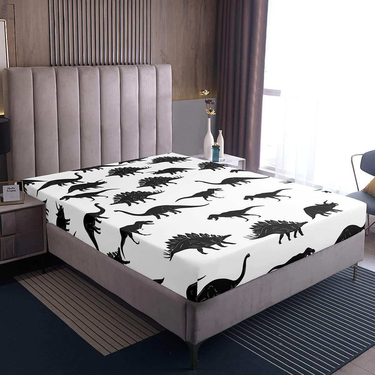 **Erosebridal Boys Dinosaur Bed Sheet Set Queen Size - 4-Piece Kids Jungle Animal Bedding with Fitted Sheet, Flat Sheet & 2 Pillowcases - Black & White Wildlife Theme for Children, Girls & Teens Bedroom Decor - Perfect for Dinosaur Lovers & Jungle-Themed Rooms**