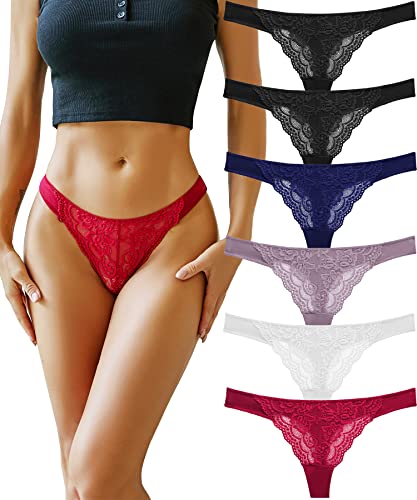Sexy Lace Thong Underwear for Women - 6 Pack Cotton T-Back Breathable Low Rise Hipster Tangas Panties | Comfortable Daily Wear & Intimate Occasions