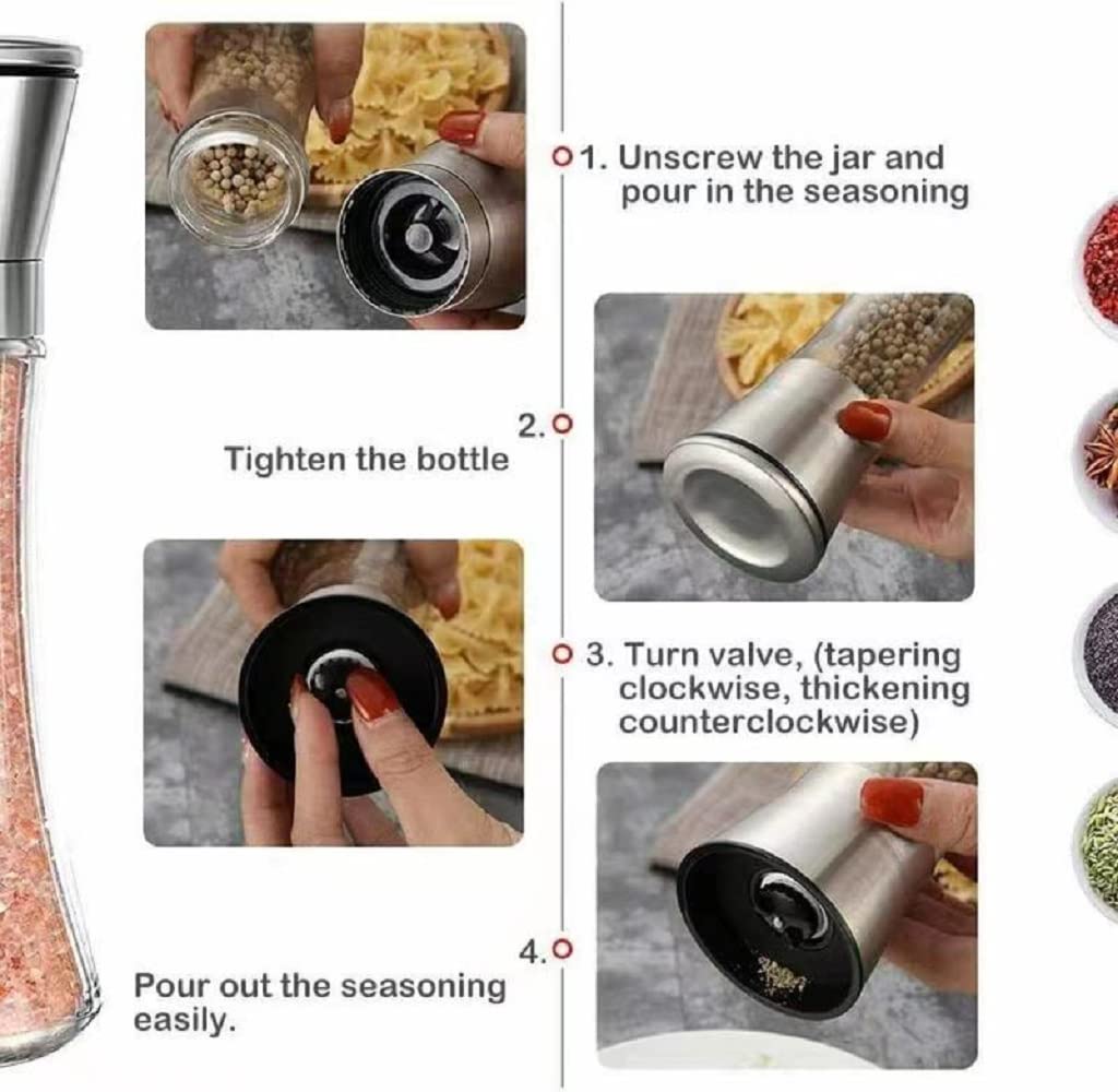 Premium 6OZ Stainless Steel Salt and Pepper Grinder Set - Adjustable Coarseness & Refillable Spice Mill with Sharp Ceramic Blades - Professional Chef Kitchen Tools with Free Wooden Spoon - Perfect for Cooking, Baking & Tabletop Seasoning
