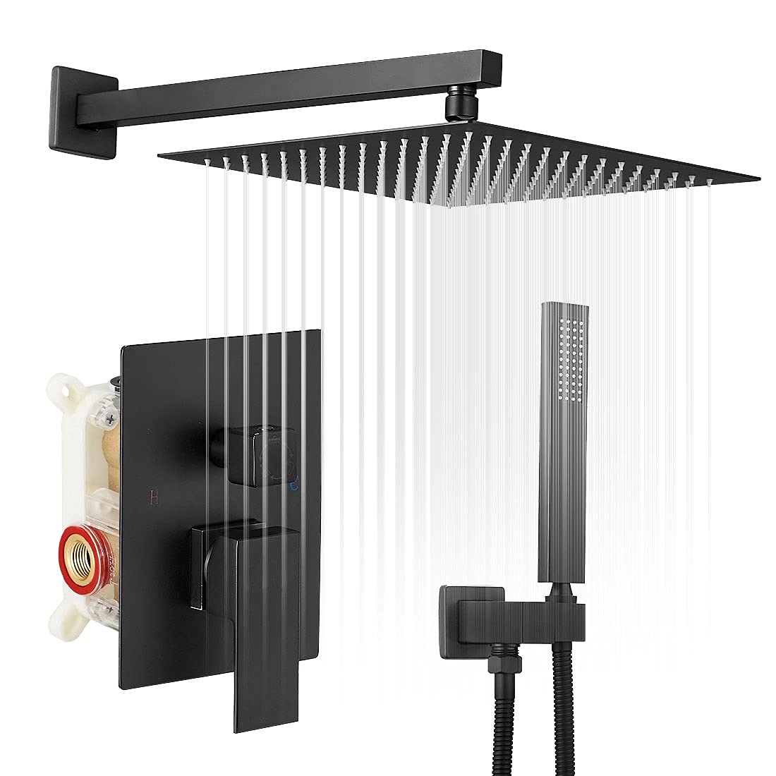Premium Matte Black Shower Faucet Set - 10 Inch Square Rainfall Shower Head with Handheld Sprayer, High Pressure Balance Valve & Trim Kit for Modern Bathroom | Perfect for Spa-Like Experience & Water Conservation