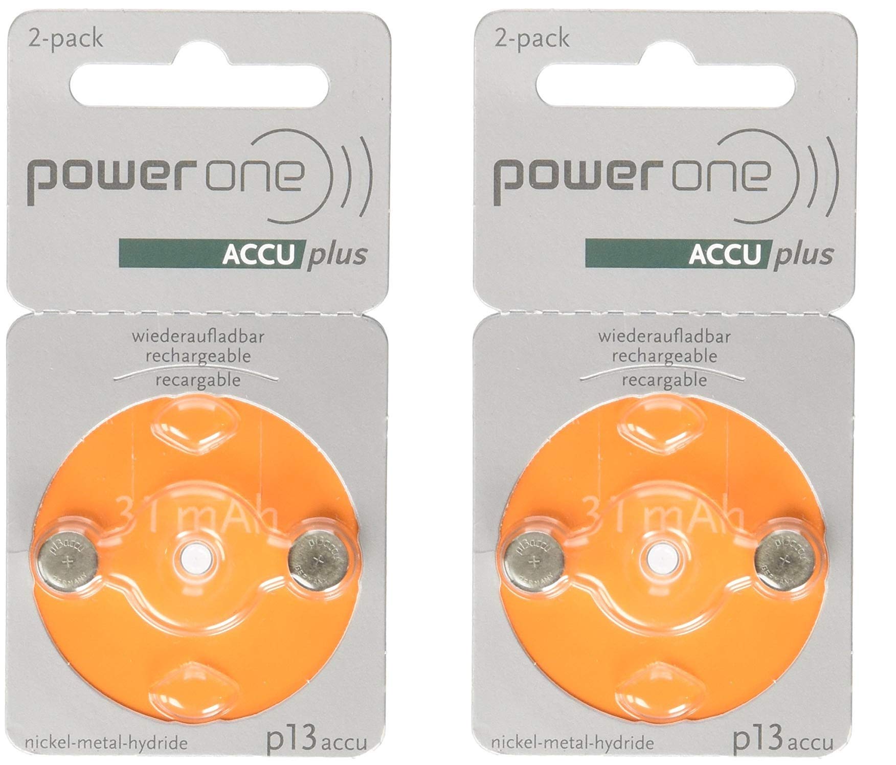 Power One ACCU Plus p13 Rechargeable Hearing Aid Batteries - 2 Pack | Long-Lasting Power for Hearing Aids | Perfect for Travel, Daily Use & Outdoor Activities