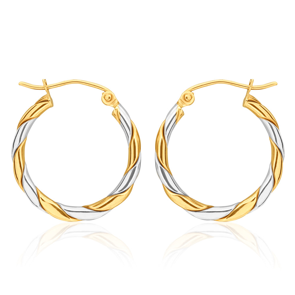 9ct Two Tone Gold 15mm Hoop Earrings with Unique Twist Design - Perfect for Everyday Wear, Parties & Special Occasions