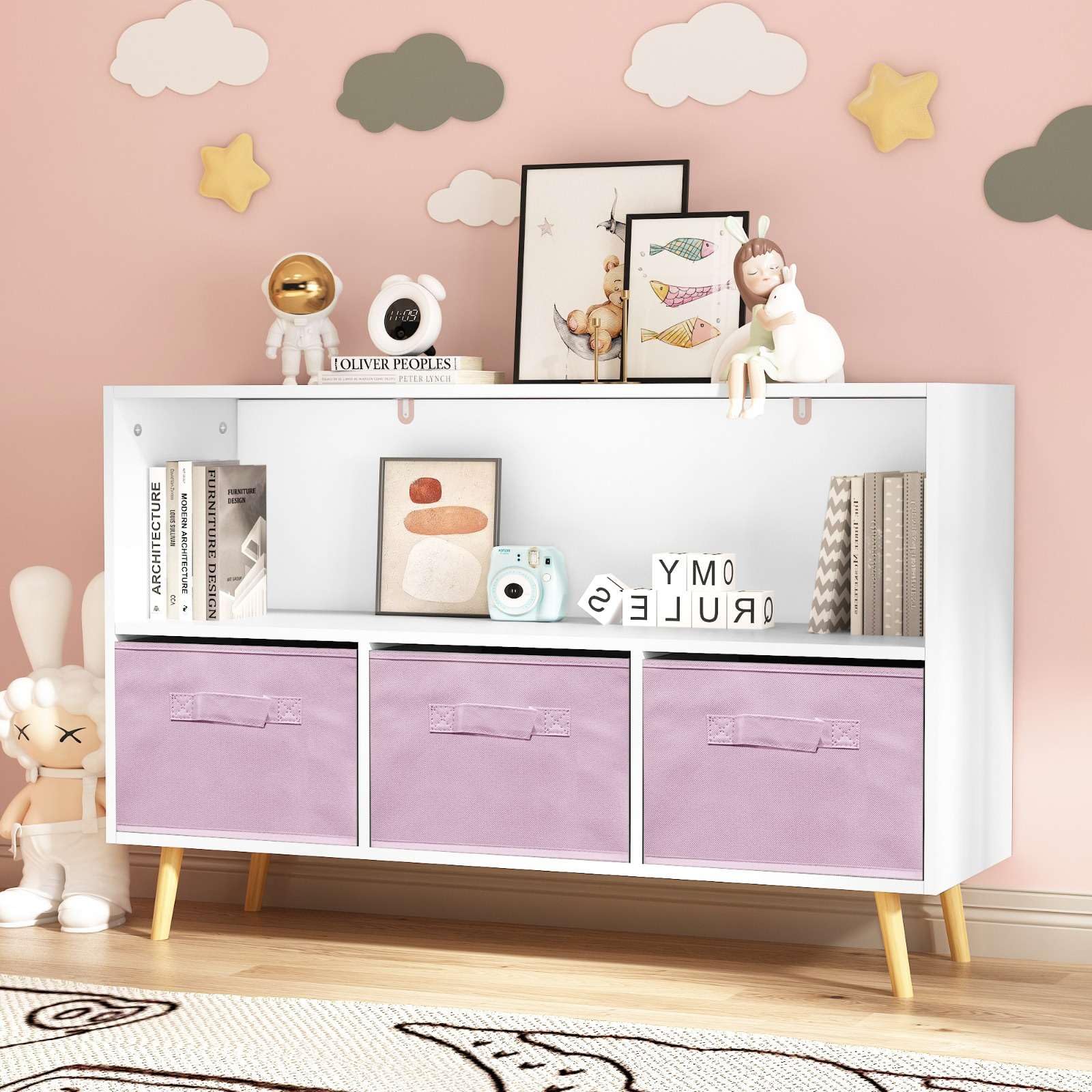 2-Shelf Bookcase with 3 Fabric Storage Bins - Wooden Storage Organizer with Pine Legs for Nursery, Bedroom & Living Room - Perfect for Kids' Toys, Books & Home Decor Organization