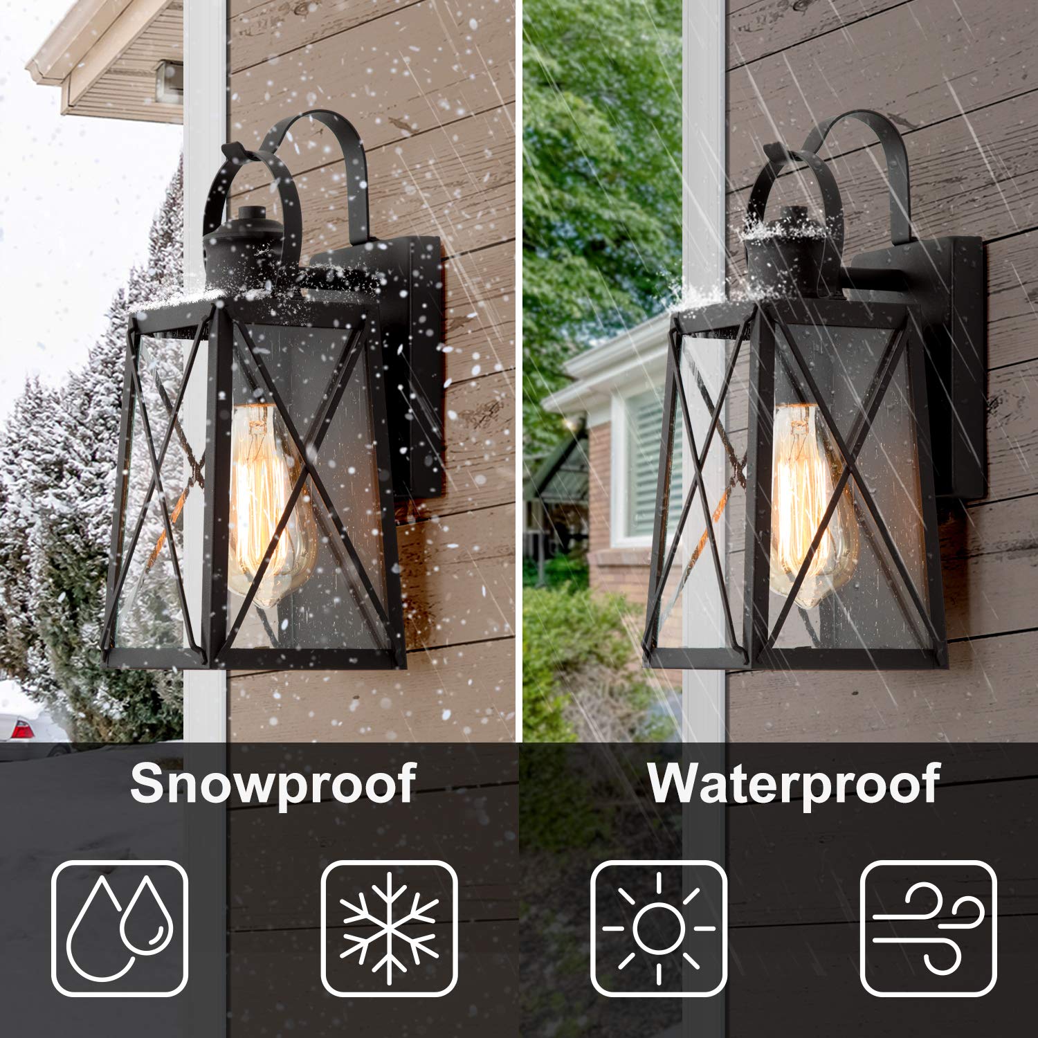 LNC Outdoor Wall Lights 2 Pack - X-Shape Seeded Glass Shade Matte Black E26 Socket Weatherproof Wall Sconce - Exterior Porch Lighting for House, Garage, Backyard, Patio & Garden (Perfect for Entryway, Deck & Pathway Illumination)