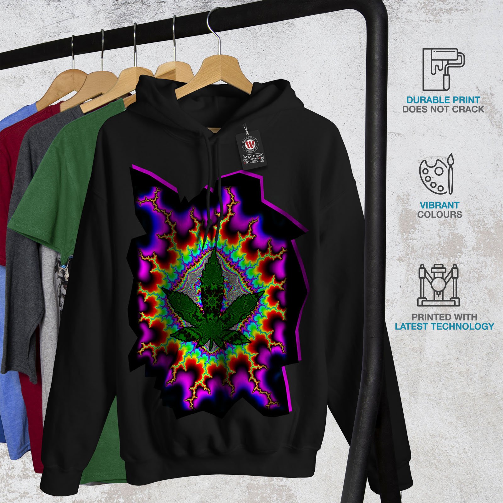Wellcoda Rasta Blunt Psychedelic Men's Hoodie - Acid Wash Hippie Hooded Sweatshirt for Festival & Streetwear | Trippy Graphic Pullover for Music Events & Casual Outfits