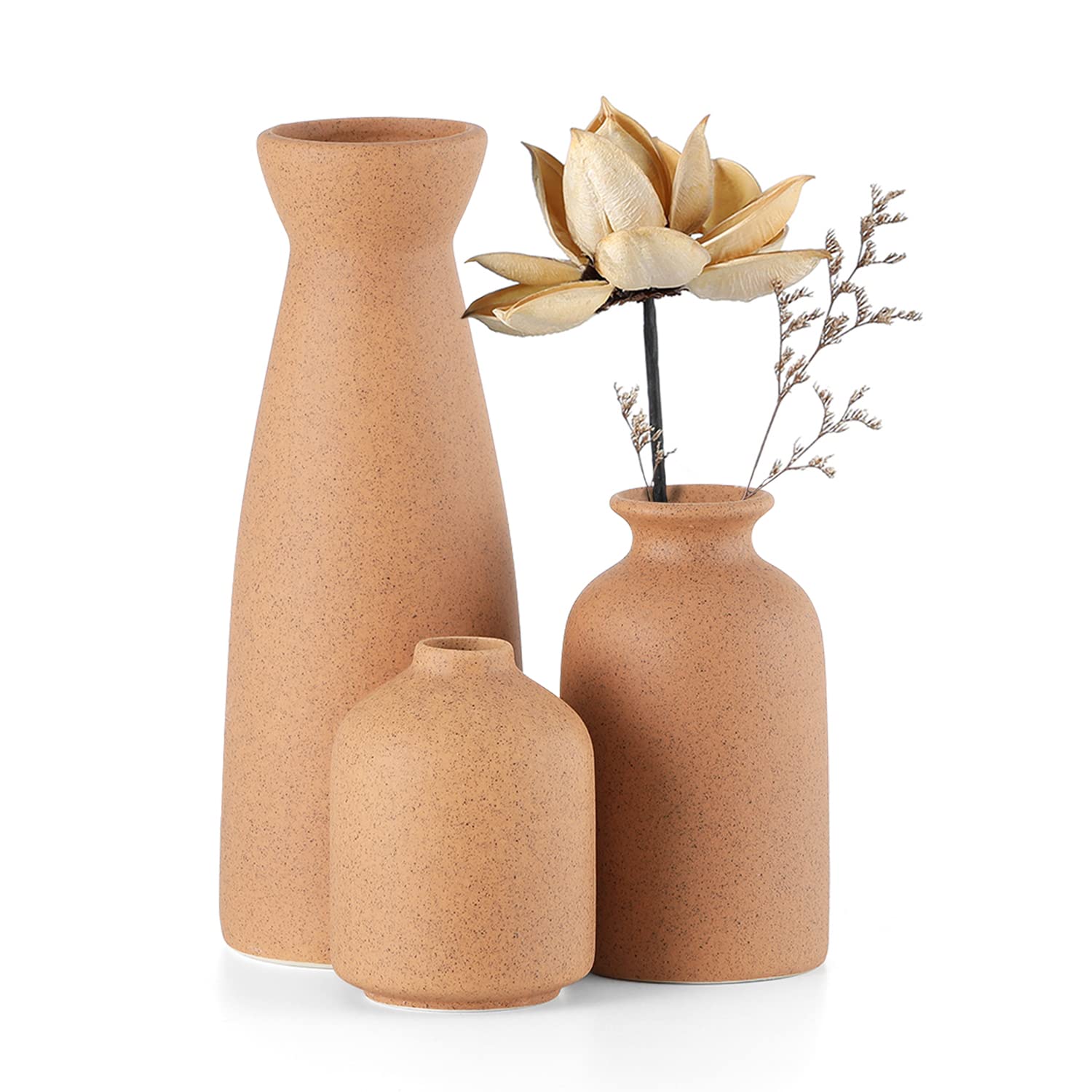 Brown Ceramic Vase Set of 3 - Small Boho Flower Vases for Home Decor, Modern Farmhouse Decorative Vases for Pampas Grass & Dried Flowers - Perfect for Shelves, Tables, Bookshelves & Entryways - Distressed Finish | Ideal for Living Room, Bedroom & Wedding Centerpieces
