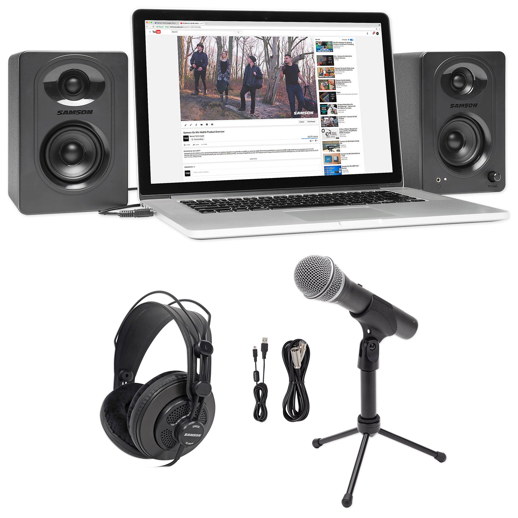 Samson Q2U USB/XLR Podcast Microphone Kit with Studio Headphones & Monitor Speakers - Perfect for Podcasting, Streaming, and Home Recording Studios