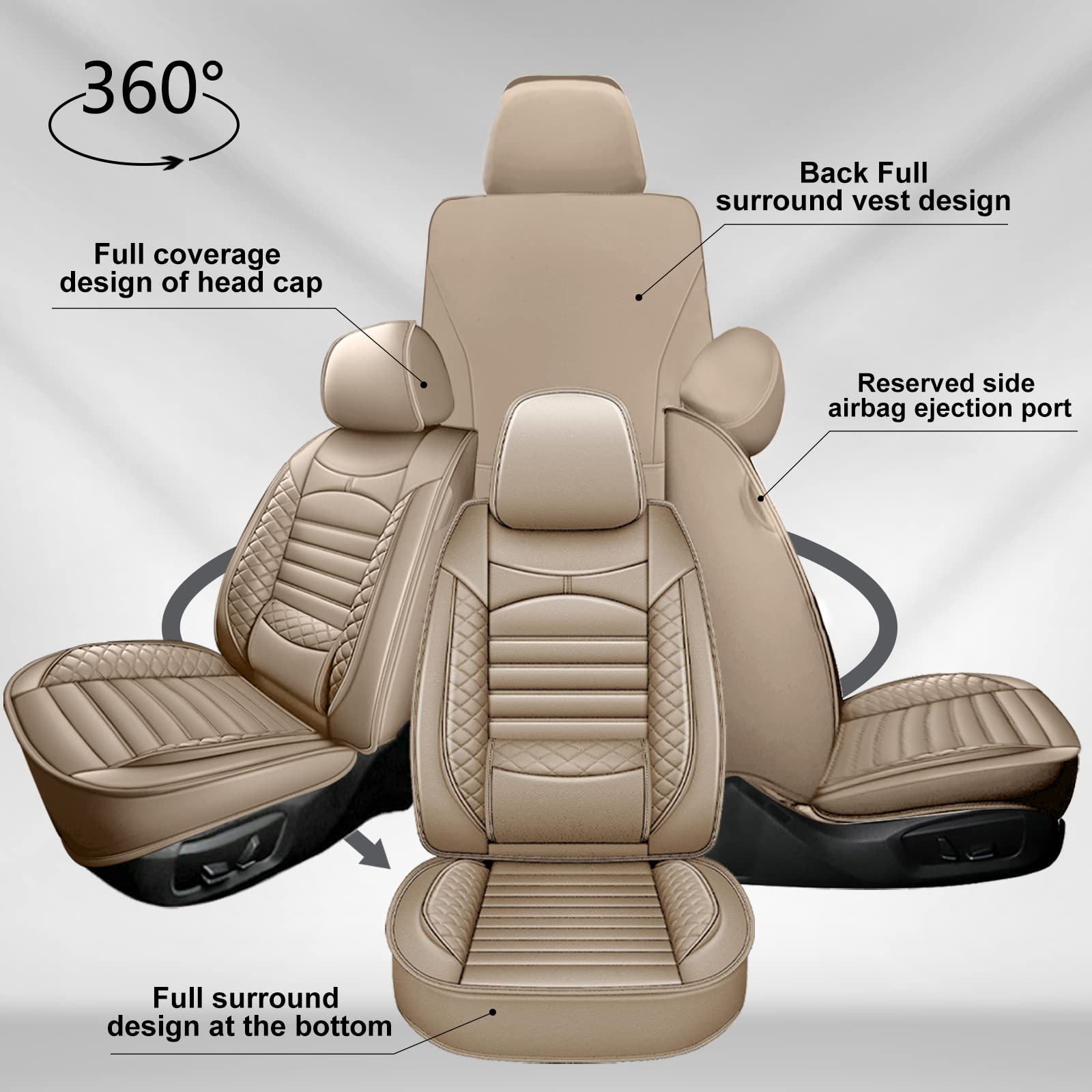 2003-2017 Honda Accord Waterproof Faux Leather Seat Covers Full Set (5 Seats) - Beige | Airbag Compatible Car Seat Protectors for Daily Commute & Road Trips