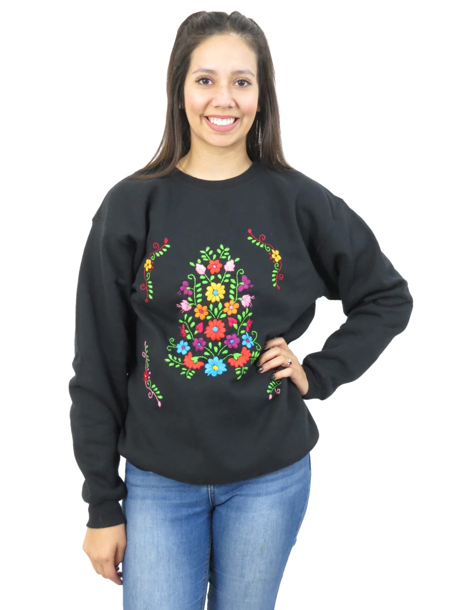 Authentic Mexican Hand Embroidered Sweatshirt - Crew Neck Pullover - Traditional Folk Art Cotton Top for Women | Perfect for Casual Wear, Festivals & Boho Fashion