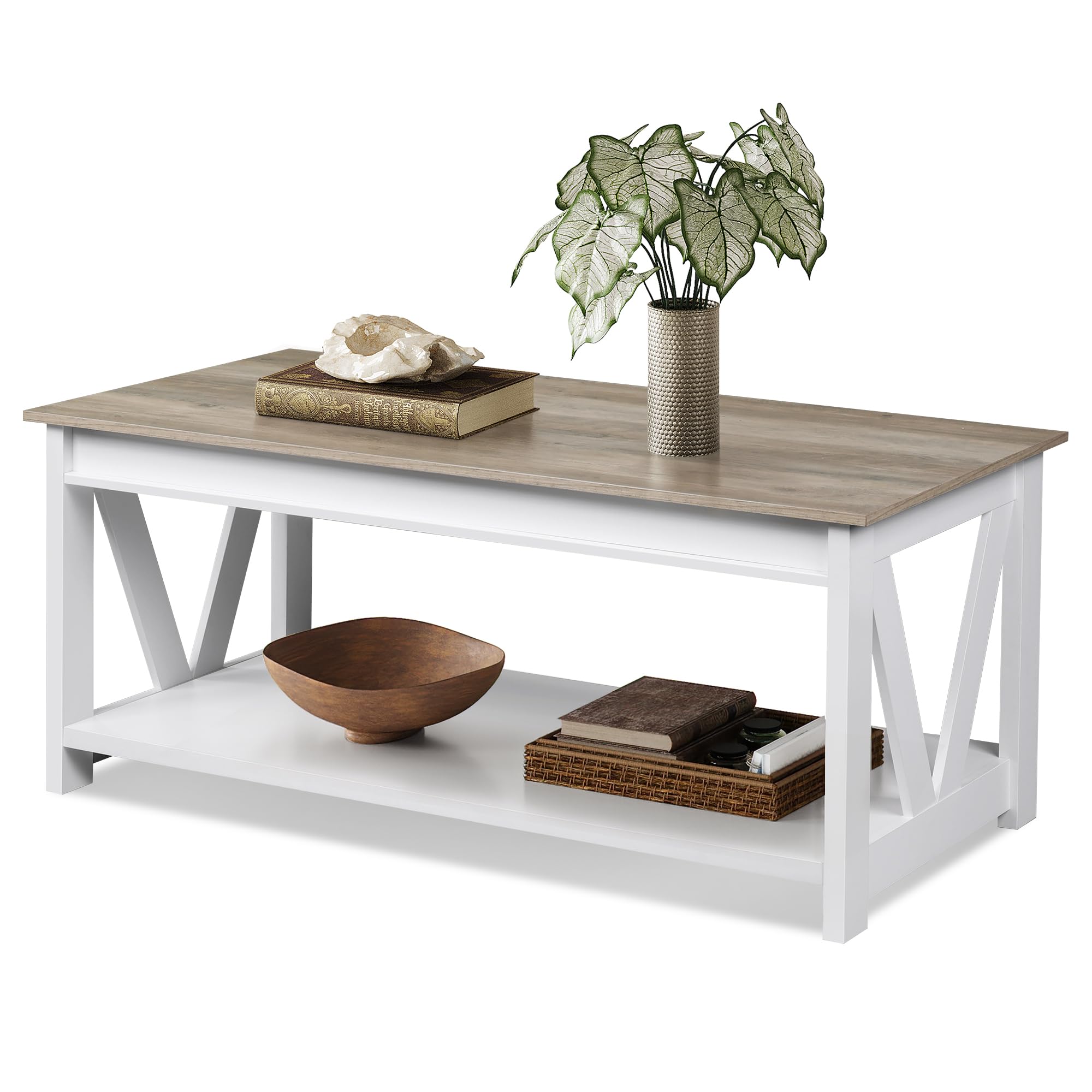 43 Inch Farmhouse Coffee Table with Storage Shelf & V-Shaped Support - Solid Wood Living Room Center Table for Bedroom, Office, Balcony - White | Rustic Home Decor, Perfect for Small Spaces & Coffee Lovers