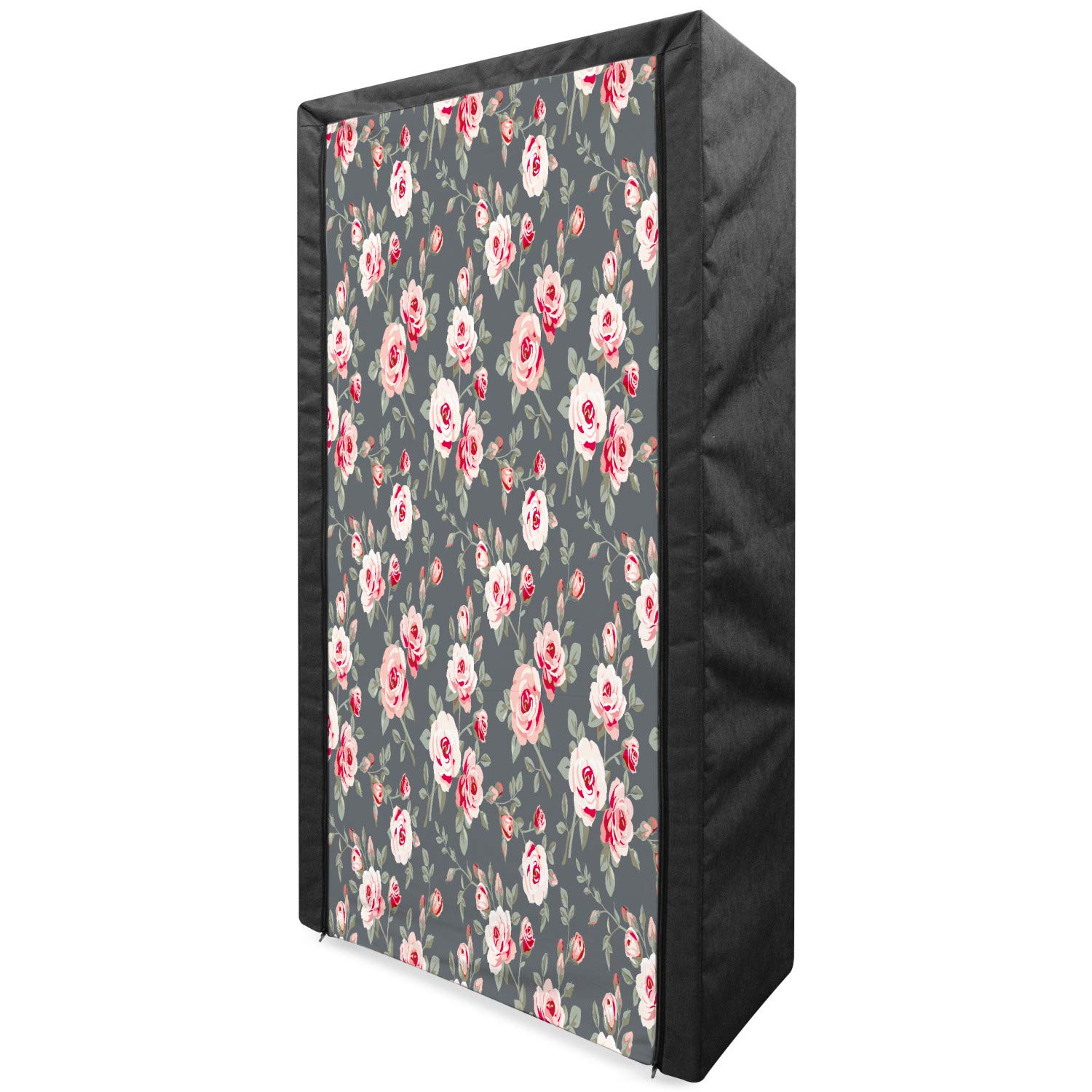 Ambesonne Shabby Flora Portable Fabric Wardrobe - Vintage Style Vibrant Roses & Leaves Design - 33.5 Inch Multicolor Clothing Organizer with Shelves - Perfect for Bedroom, Closet & Small Space Storage