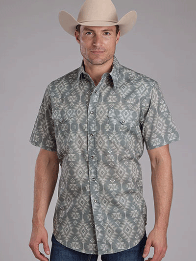 Men's Aztec Print Short Sleeve Casual Shirt - Grey Roper 03 002 0067 0254 - Perfect for Summer Outings, Beach Vacations & Casual Wear