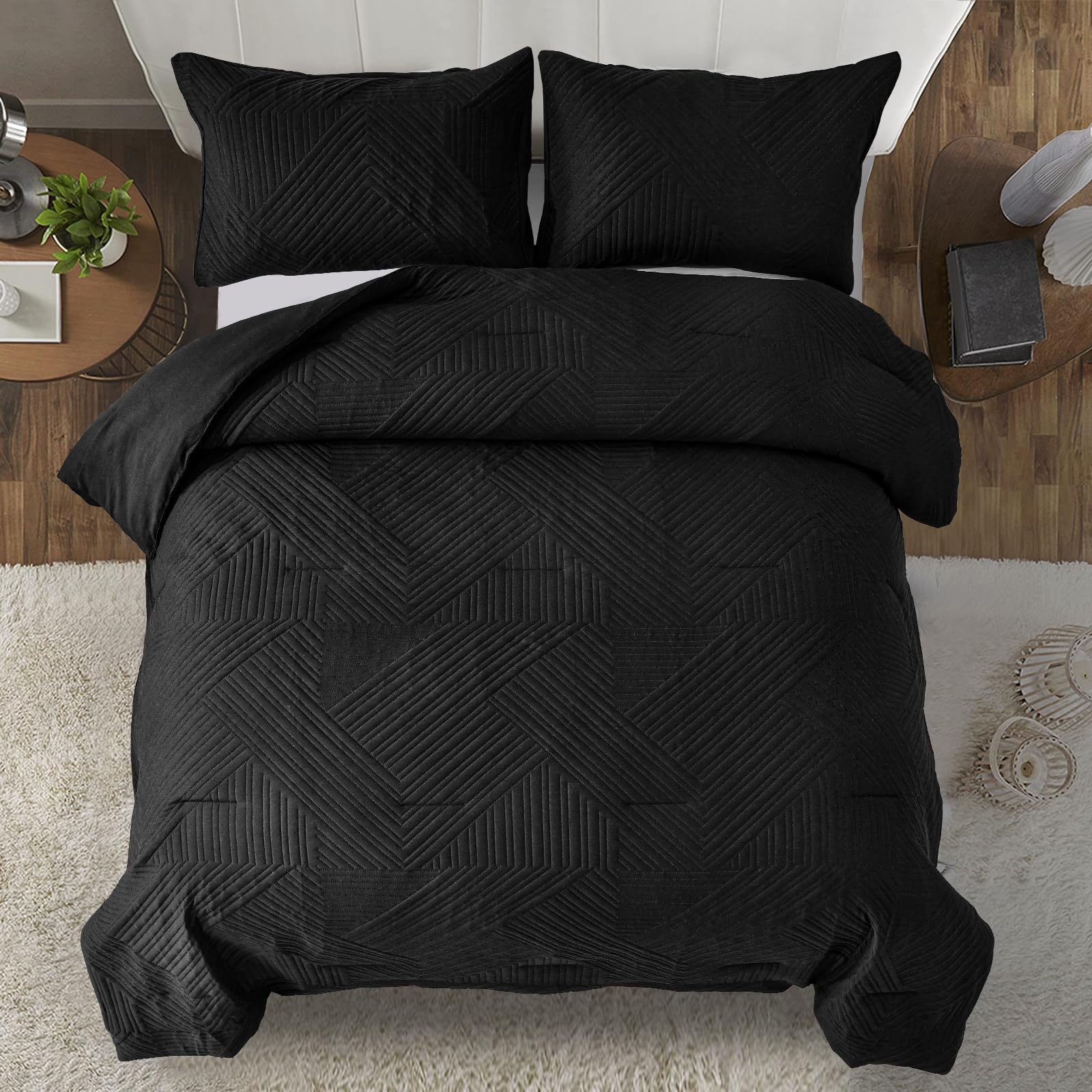 WONGS BEDDING Black Comforter Set Queen Size (90×90 Inches) - 3 Piece Reversible Soft Microfiber Boho Geometric Textured Bedding with 2 Pillowcases | Ultrasonic Quilted Design for Cozy Bedroom Decor & Guest Room Essentials