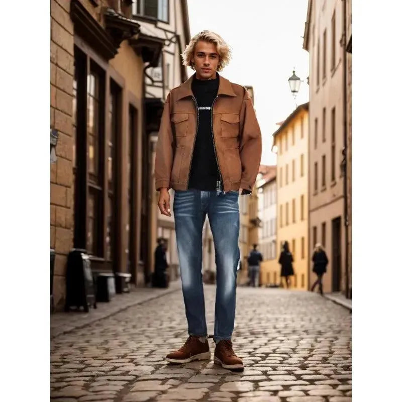 Men's Suede Trucker Jacket - Vintage Style Distressed Leather Jacket for Casual Wear & Outdoor Adventures