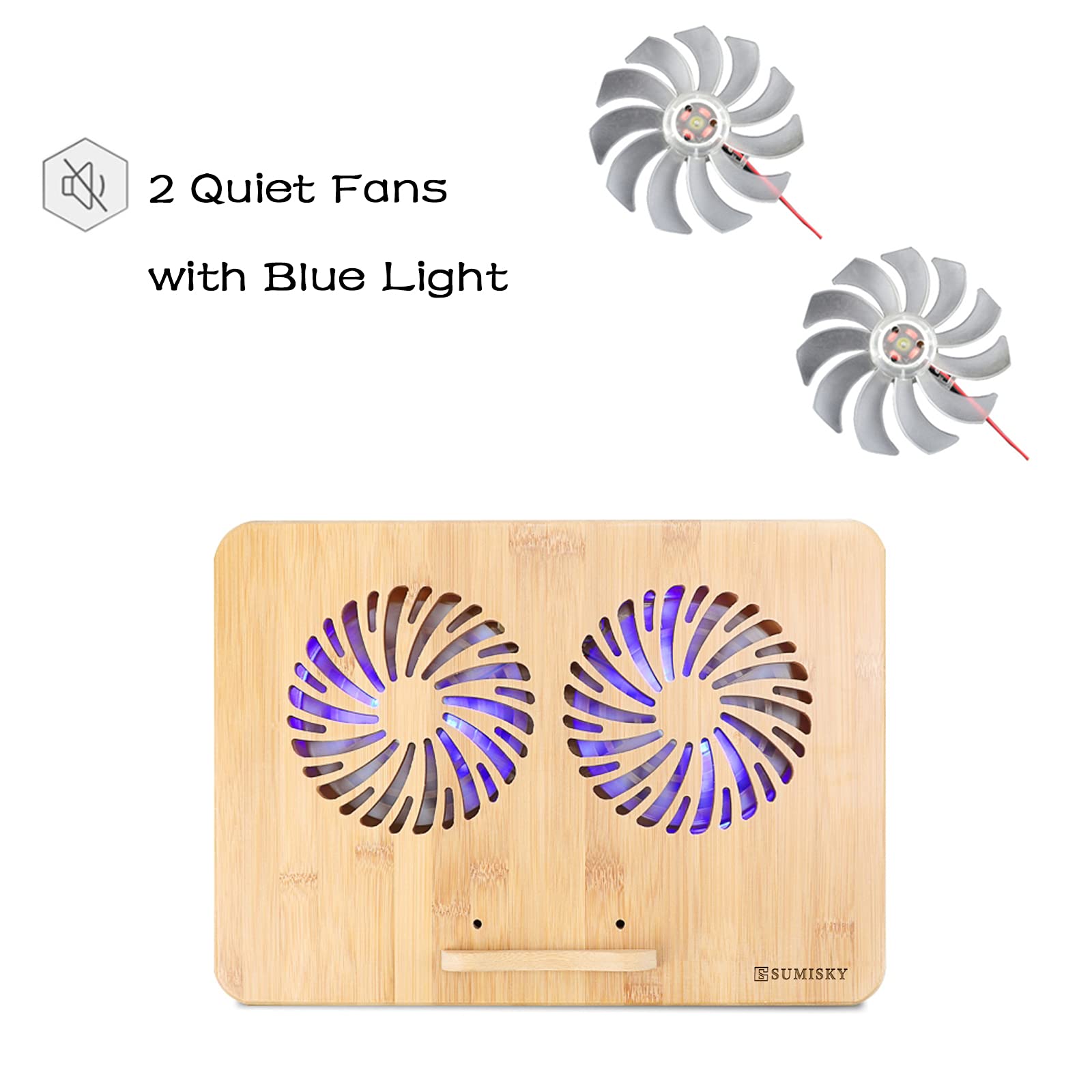 SUMISKY Bamboo Laptop Stand Cooling Pad with 2 Quiet Fans & USB Ports - Adjustable Ergonomic Computer Riser for Desk, Home Office, Gaming & Workstation Use