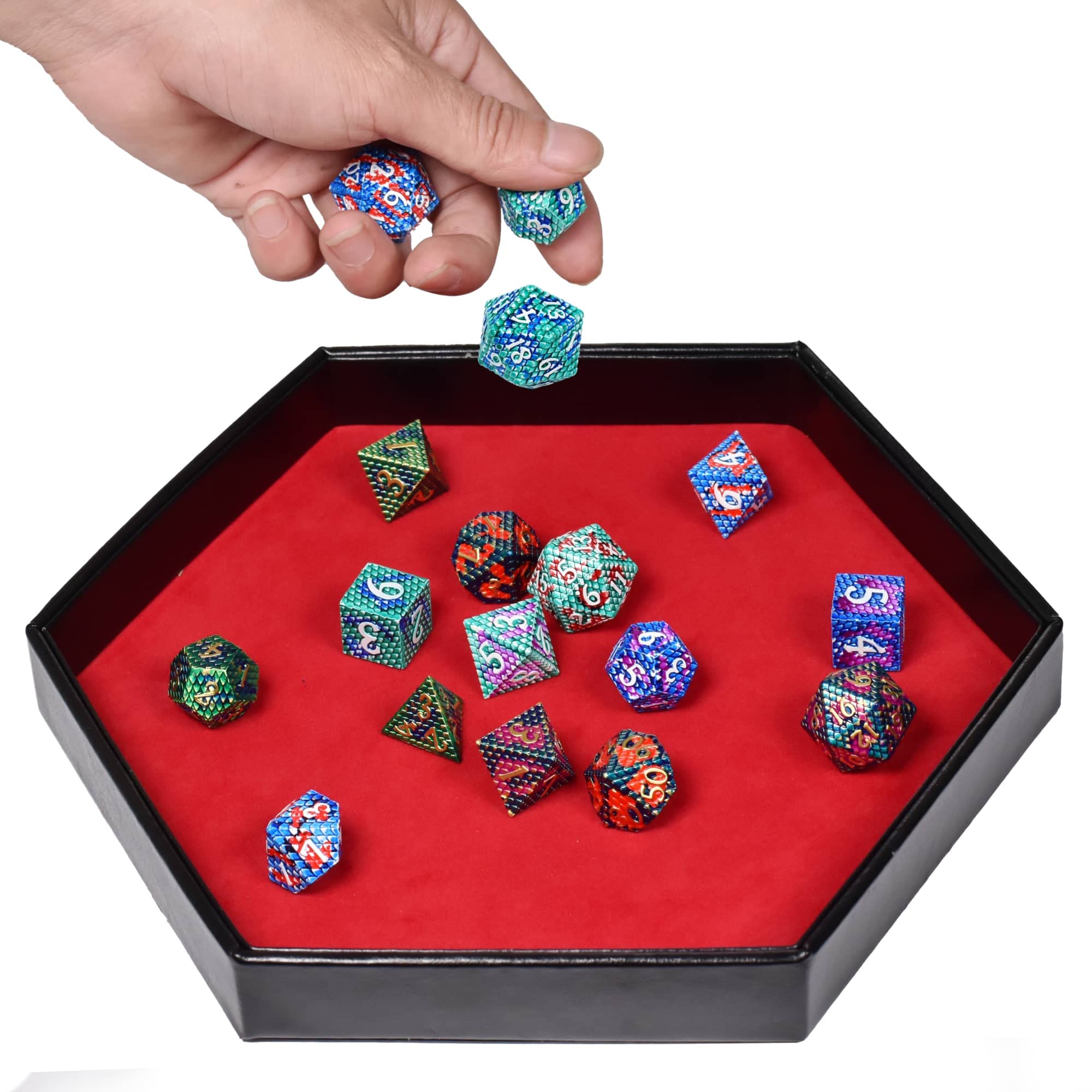 Premium Hexagonal D&D Dice Tray - 2-in-1 Rolling & Storage Tray with Faux Leather, Red Color for Dungeons & Dragons, Magic: The Gathering, RPG Games - Perfect for Tabletop Gaming Sessions & Dice Organization