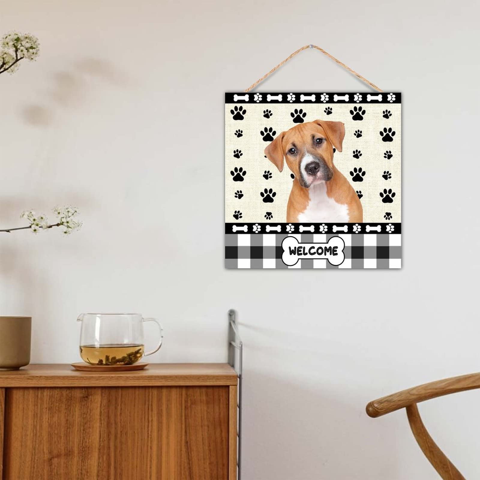 12x12 Inch Rustic Wood Signs - Boxer Dog Paw Welcome Farmhouse Wall Art Hanging Plaque for Door, Kitchen, Dining Room | Handmade Wooden Home Decor for Country House, Cabin & Pet Lovers