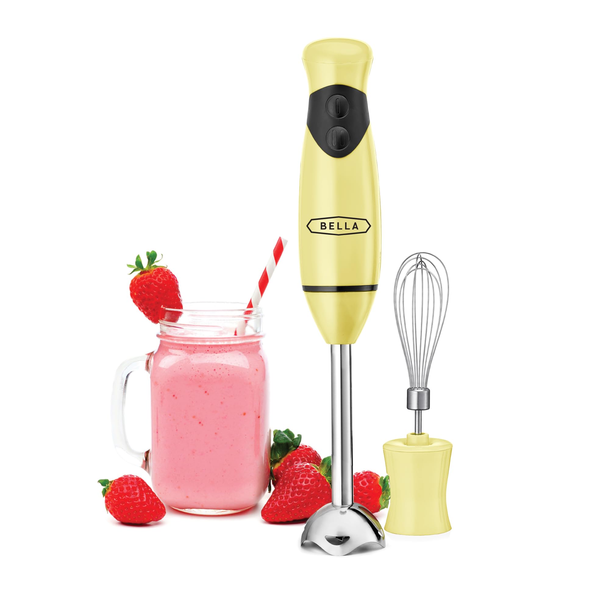 BELLA 250W Immersion Blender Hand Mixer - 2-Speed Electric Handheld Blender with Whisk Attachment for Juicing, Shakes, Smoothies & Baby Food - BPA Free Stainless Steel Blender (Yellow) - Perfect for Kitchen, Restaurant & Meal Prep