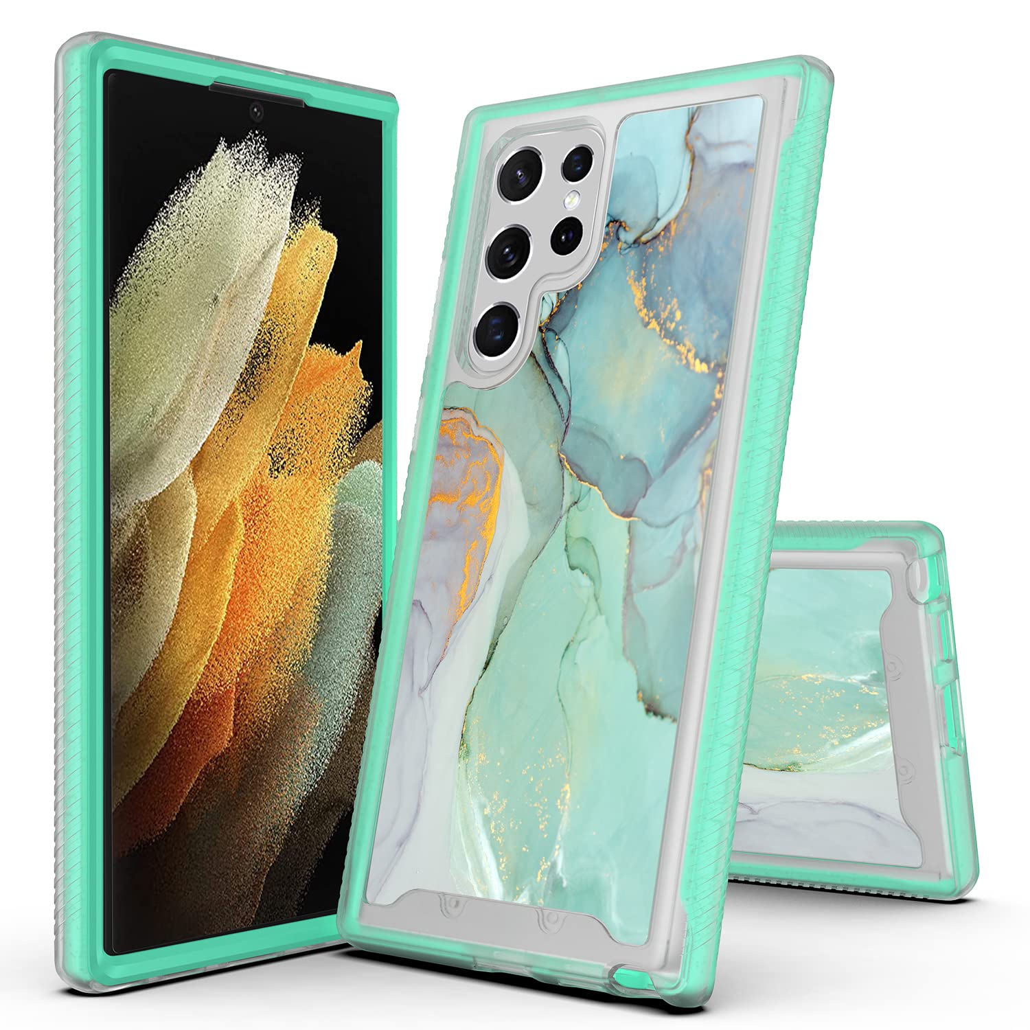 Rosebono Samsung Galaxy S22 Ultra Case - Shockproof Hybrid Protective Cover with Stylish Green Marble Design | Perfect for Everyday Use, Travel & Outdoor Activities