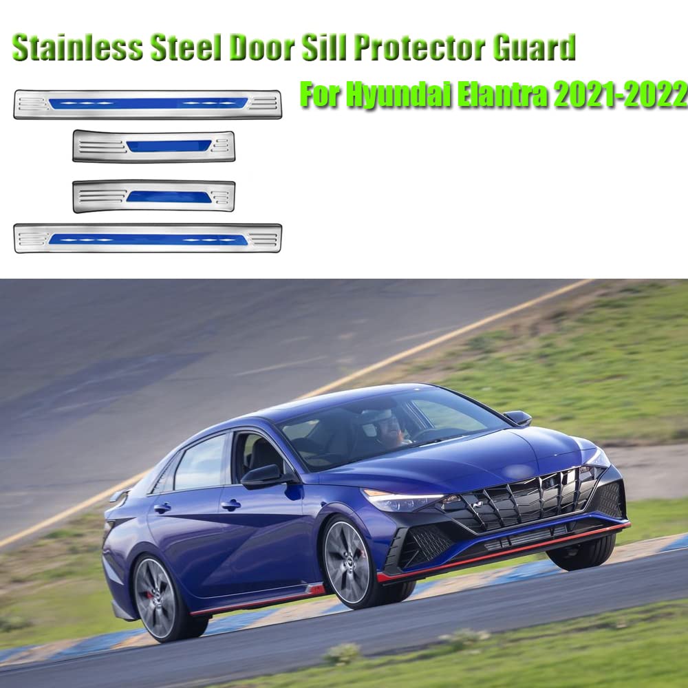 BOYOUS 4PCS Stainless Steel Door Sill Guards for Hyundai Elantra 2021-2025 - Anti-Scratch Protection, Silver & Blue Trim - Perfect for Car Door Protection and Style Enhancement