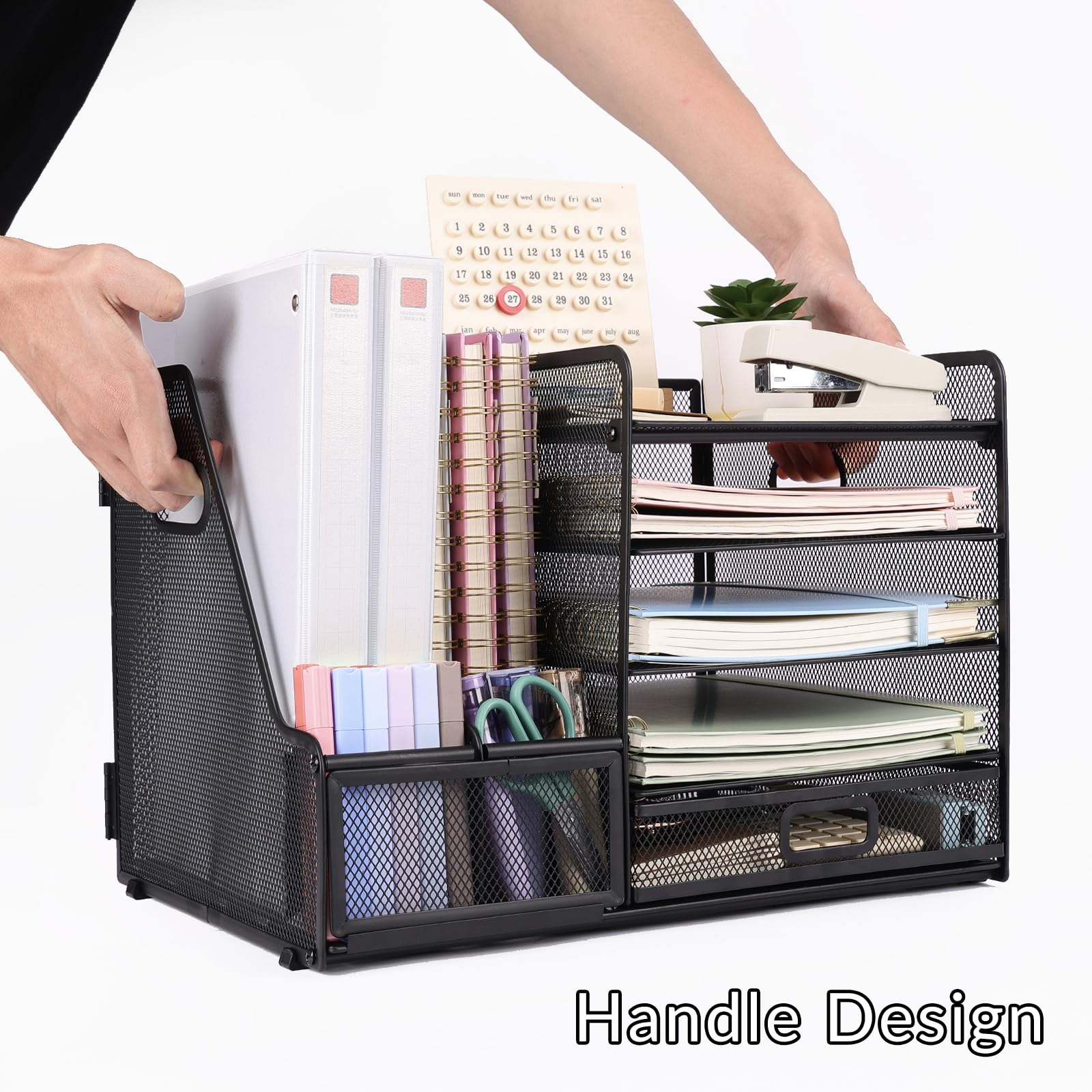 EOOUT 5-Tier Desk File Organizer with Magazine Holder & Drawer - Black Office Desk Accessories Set for Paper, Files, and Supplies - Perfect for Home Office, Workspace, and School Organization