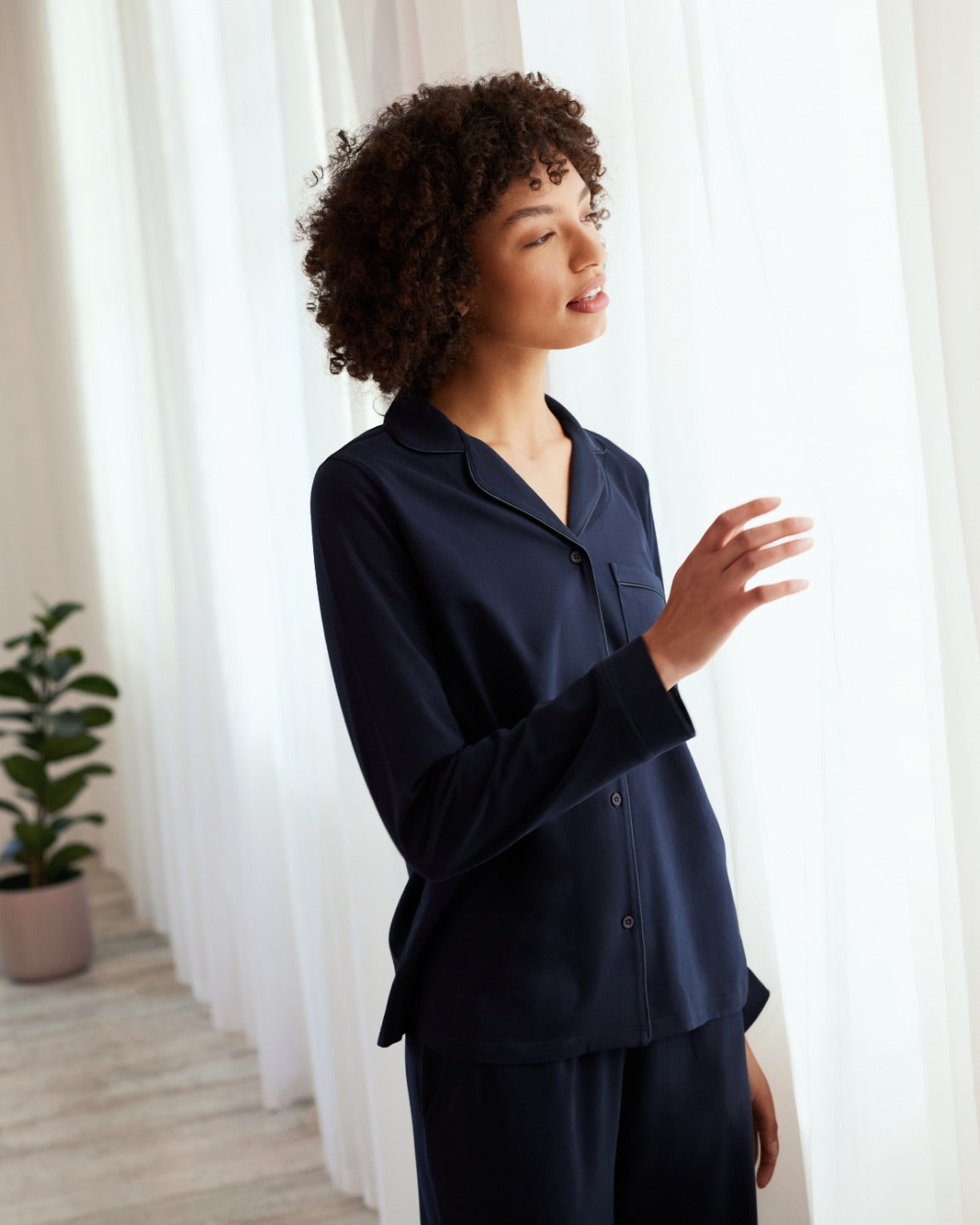Organic Cotton Button-Up Long Sleeve Pajama Set for Women - Soft & Comfortable Sleepwear - Navy Blue Loungewear for Relaxing at Home or Travel