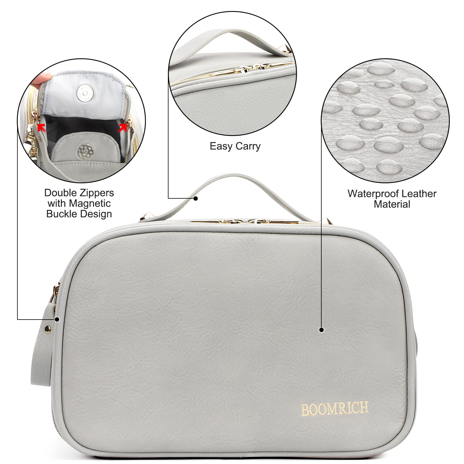 BOOMRICH Large Water-Resistant Leather Travel Makeup Bag for Women - Cosmetic & Toiletry Organizer with Multiple Pockets, Perfect for Vacation, Gym & Business Trips (Blue Grey)