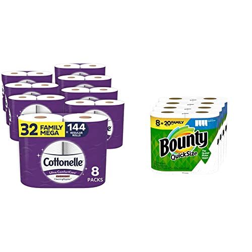 Cottonelle Ultra ComfortCare Soft Toilet Paper 32 Family Mega Rolls & Bounty Quick-Size Paper Towels, 8 Family Rolls (Equivalent to 20 Regular Rolls) - Premium Bathroom Tissue and Paper Towels for Home, Kitchen, and Office Use