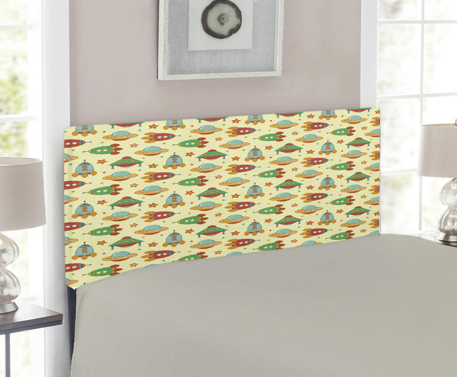Ambesonne Spaceship Headboard for Kids - Cartoon Space Theme with Rockets & Universe Design - Upholstered Metal Bed Headboard with Memory Foam - Twin Size Multicolor - Perfect for Children's Bedroom Decor & Space-Themed Rooms