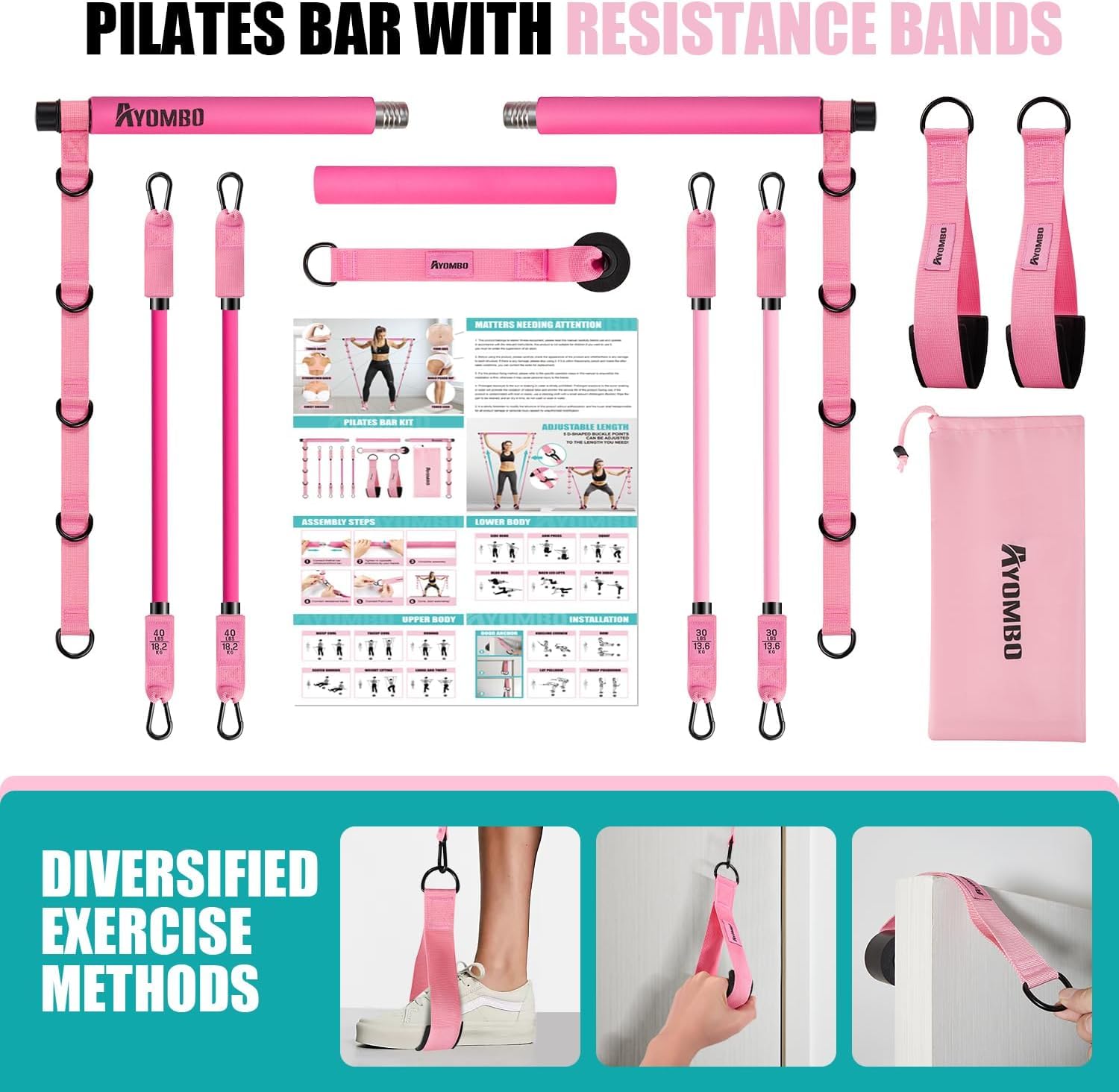 Adjustable 3-Section Pilates Bar Kit with Resistance Bands - Full Body Workout Equipment for Legs, Hips, Waist & Arms - Home Exercise Equipment for Squats & Pilates - Perfect for Women & Men | Ideal for Home Gym, Yoga Studio & Fitness Training