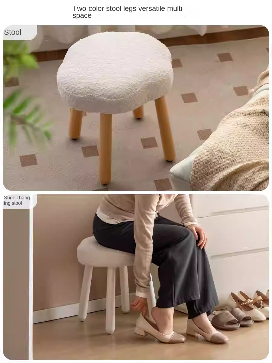 Solid Wood Makeup Stool - Beech & Birch with Lamb Velvet Upholstery | Cloud-Shaped Seat for Vanity, Dressing Room & Bedroom Decor