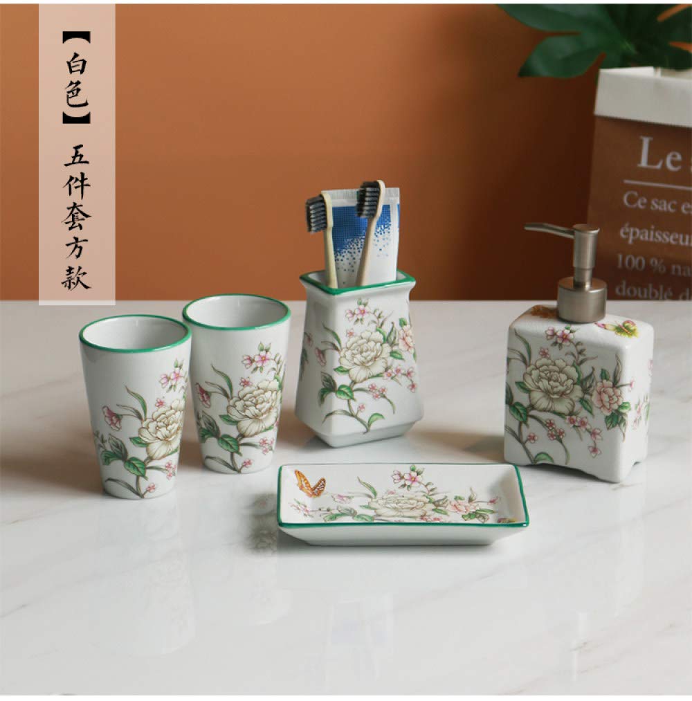 Vintage Ceramic Bathroom Accessories Set - 5 Piece White Painted Botanical Flower Decor for Vanity (Soap Dispenser, 2 Tumblers, Toothbrush Holder, Soap Dish) | Perfect for Home, Hotel & Guest Bathroom Decor