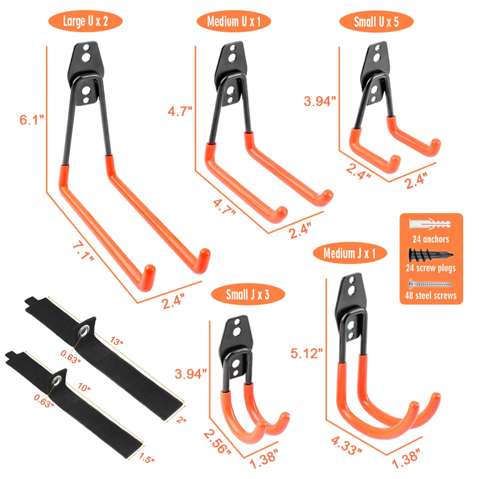 Heavy Duty Garage Hooks 14 Pack - Steel Wall Mount Storage Hooks & Tool Hangers with Anti-Slip Coating - Organize Ladders, Garden Tools & Bulky Items in Garage, Workshop or Shed