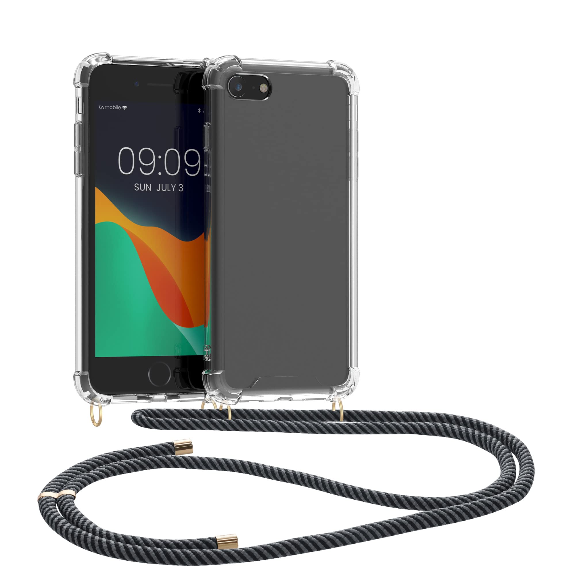 kwmobile Clear TPU Crossbody Phone Case for Apple iPhone SE (2022/2020) / iPhone 8 / iPhone 7 - Protective Cover with Lanyard Strap in Anthracite/Transparent/Black - Perfect for Outdoor Activities, Travel & Everyday Use