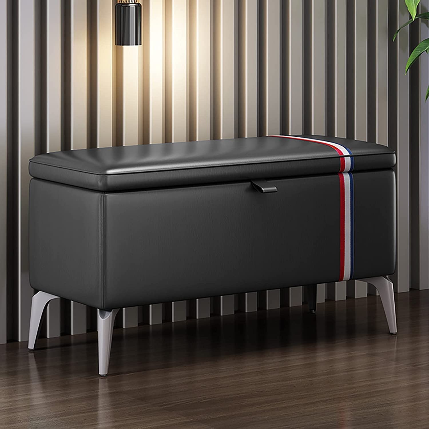 Modern Leather Storage Ottoman Bench - Rectangle Entryway Shoe Bench with Padded Seat, Solid Wood Storage Trunk, Multifunctional Storage Bench (Grey, 35.4