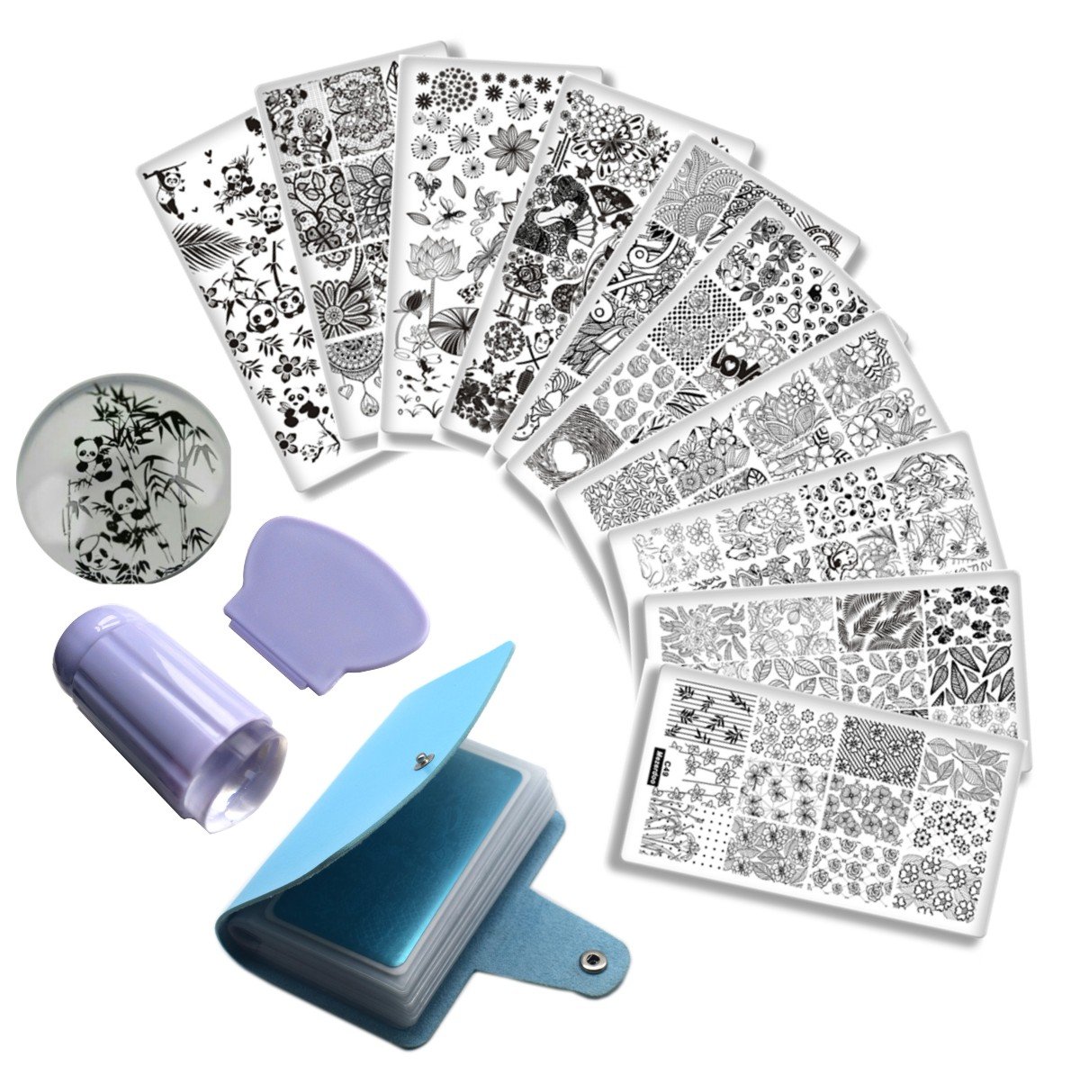 Mezerdoo Panda Nail Stamping Plate Set - 10pcs Lace Flower Love Nail Art Templates with Stamper & Scraper + Storage Bag | DIY Manicure, Salon Nail Design, Gift for Nail Lovers