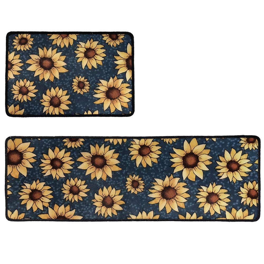 BIGCARJOB Anti-Fatigue Kitchen Rugs and Mats Set - 2 Piece Non-Slip Waterproof Farmhouse Style with Sunflower Print - Soft Cushioned Standing Mat for Comfort - Perfect for Kitchens, Laundry Rooms & High-Traffic Areas