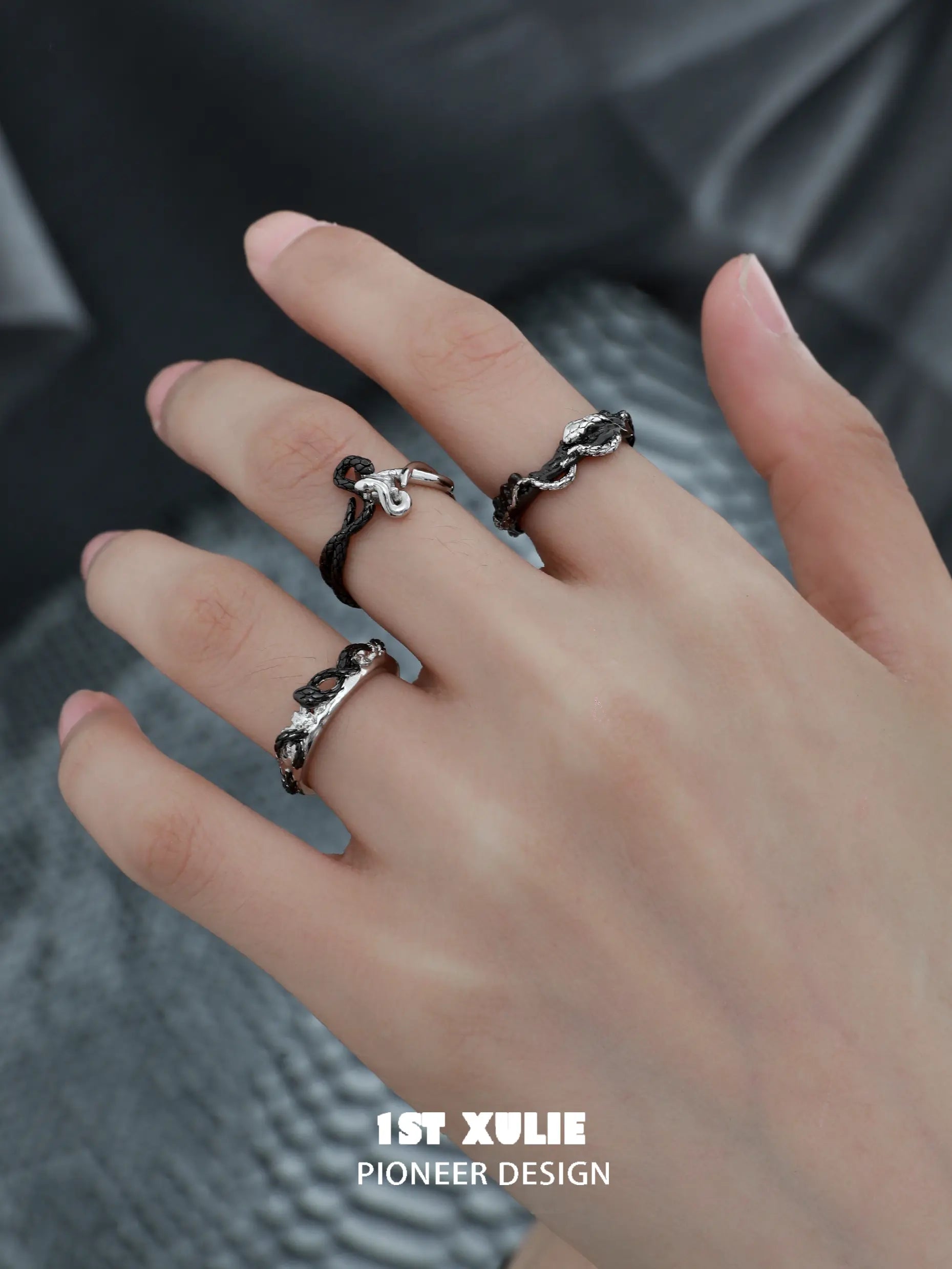Snake Bite White & Black Serpent 925 Sterling Silver Adjustable Open Ring for Women | Gothic Jewelry, Punk Fashion Accessory, Halloween Costume Jewelry