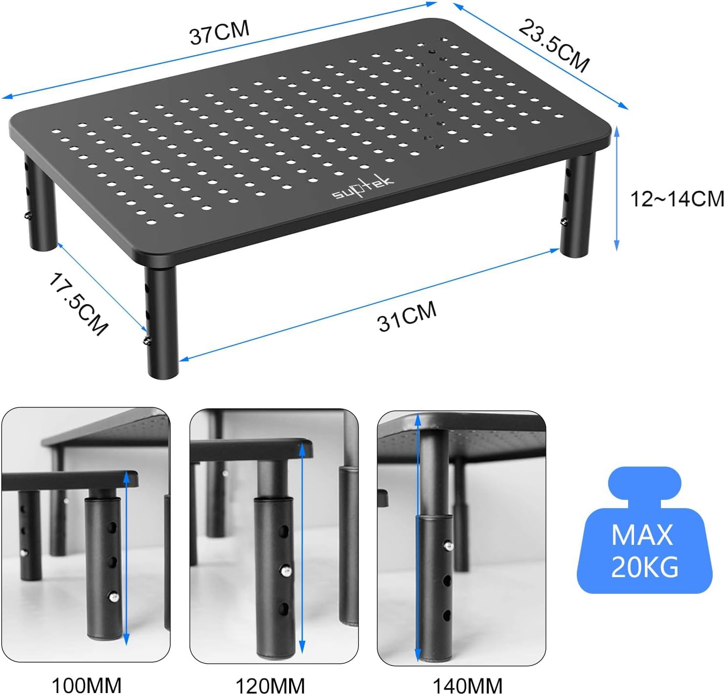 Suptek Adjustable Monitor Stand Riser - Ergonomic Vented Metal Platform for Computer, Laptop, Printer & Flat Screen Displays - 3 Height Settings with Under Desk Storage - Perfect for Home Office & Workspace Organization (MST003)