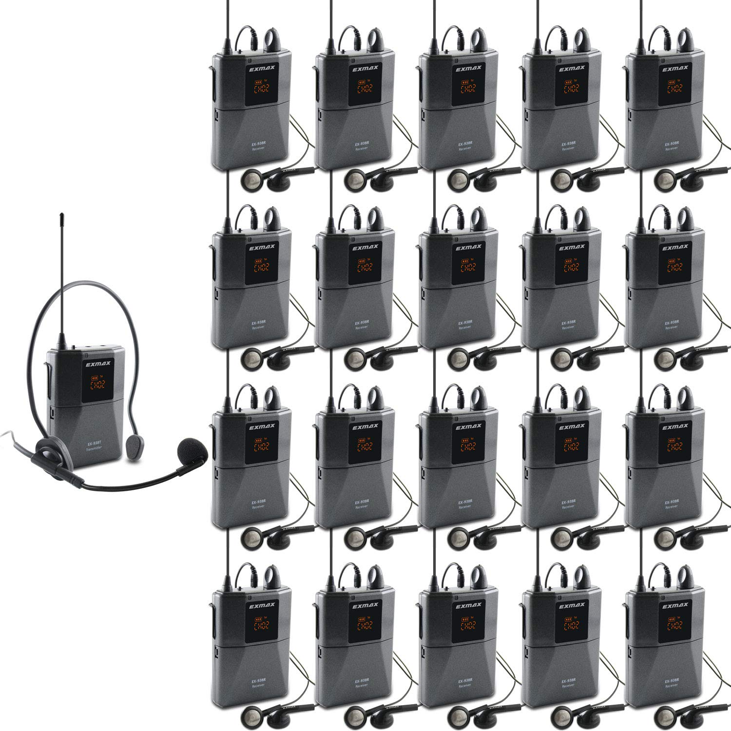 EXMAX UHF-938 Professional Wireless Headset Microphone System - 1 Transmitter & 20 Receivers for Church, Tour Guide, Translation, Teaching & Travel - Crystal Clear UHF Acoustic Transmission for Simultaneous Interpretation - Perfect for Houses of Worship, Educational Institutions & Group Tours
